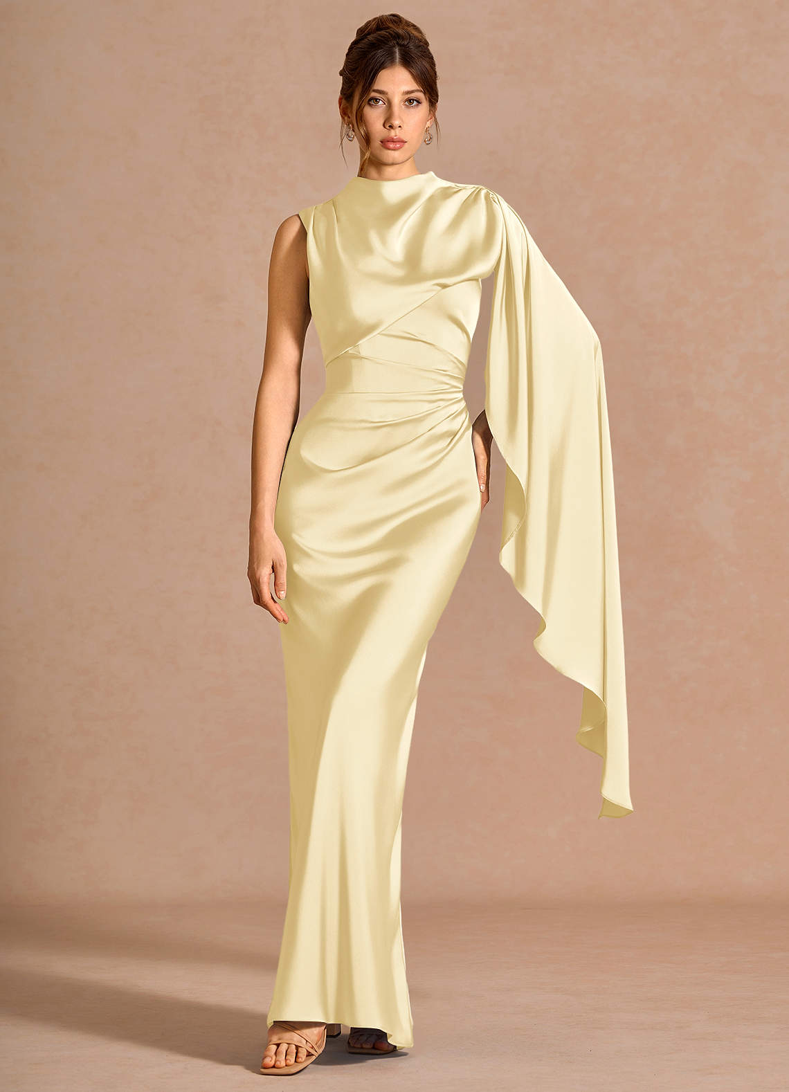 Chesney Cape-Sleeve Pleated Stretch Satin Wedding Guest Dress in Butter Yellow