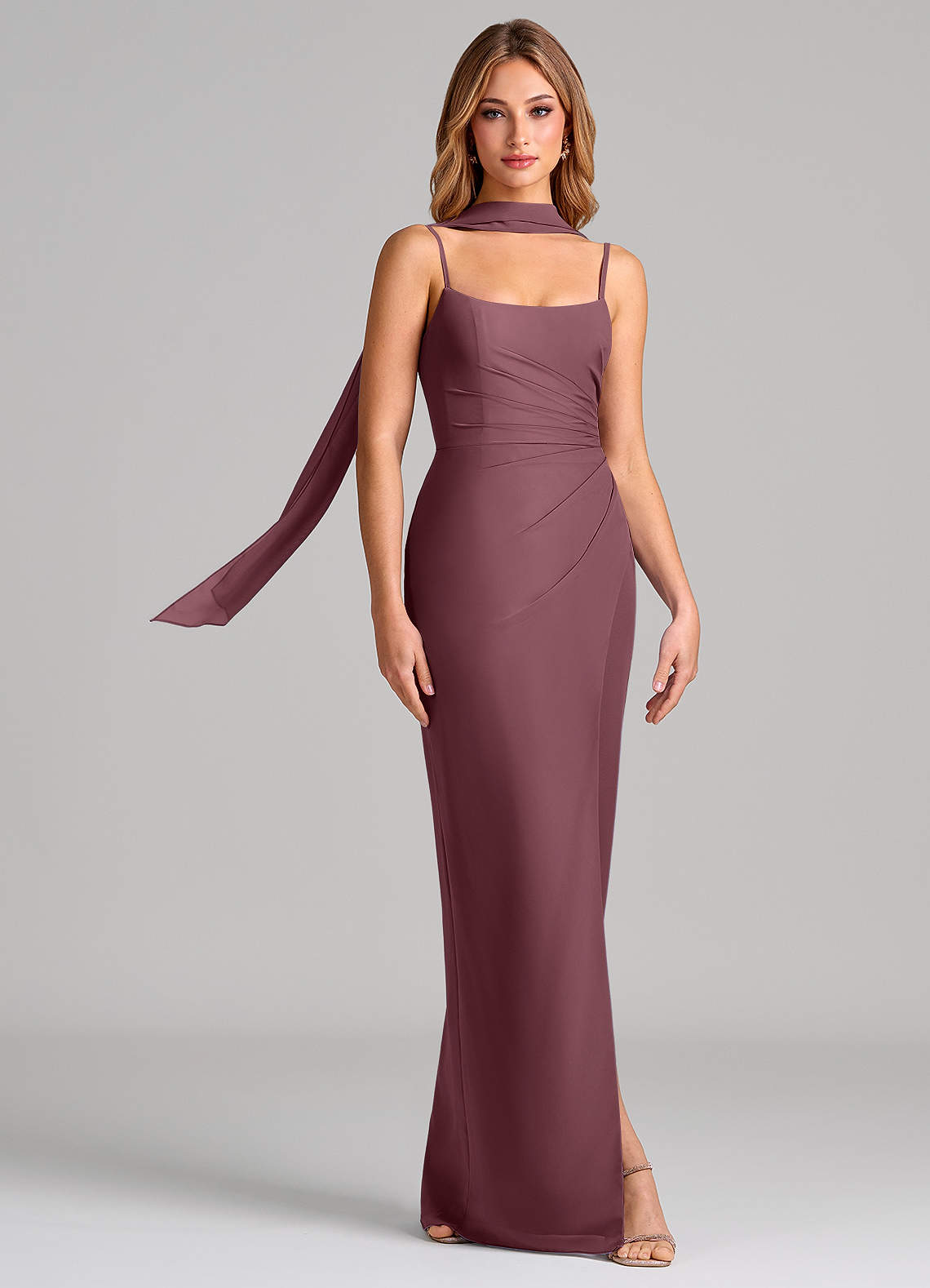 Calandra Sheath Scoop-Neck Chiffon Bridesmaid Dress in Sangria