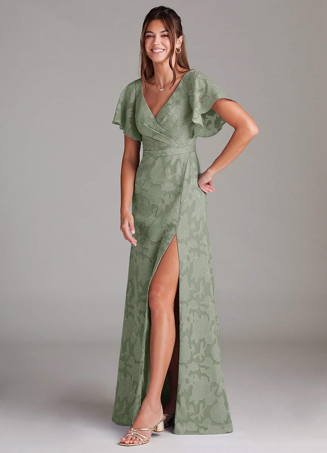 Ambrosia A-Line V-Neck Floral Burnout Bridesmaid Dress in Agave