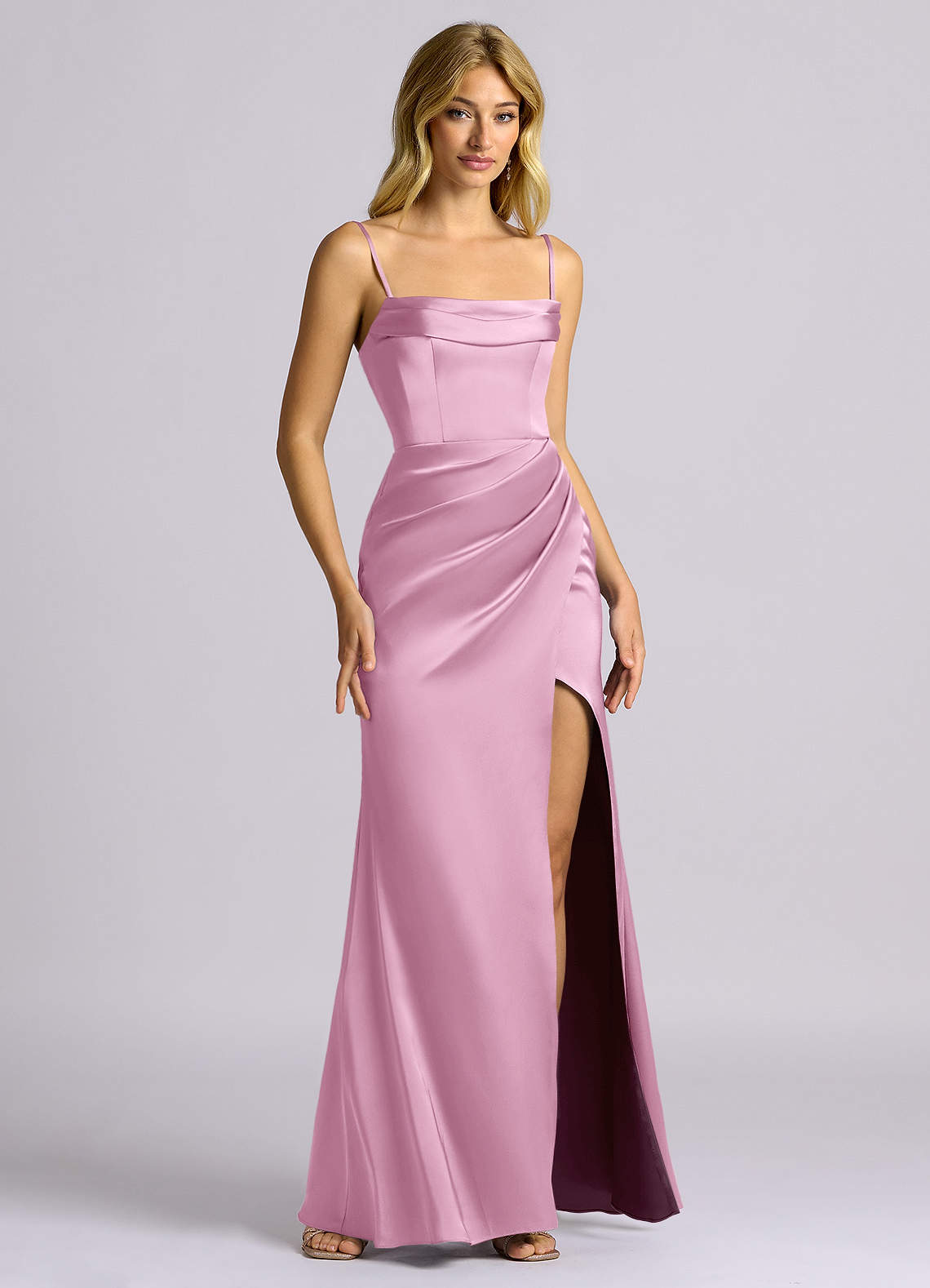 Auden Sheath Off-the-Shoulder Stretch Satin Bridesmaid Dress in candy pink