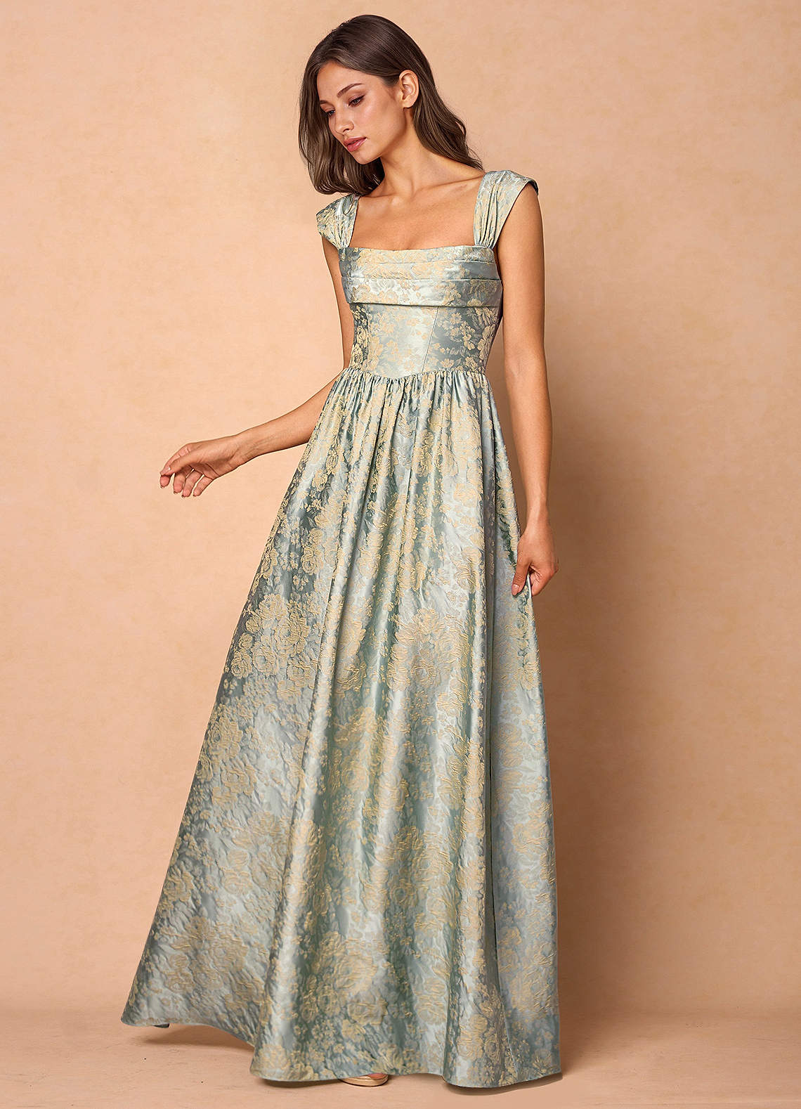Runa Ball Gown Pleated Jacquard Taffeta Evening Dress in Vintage Blue
