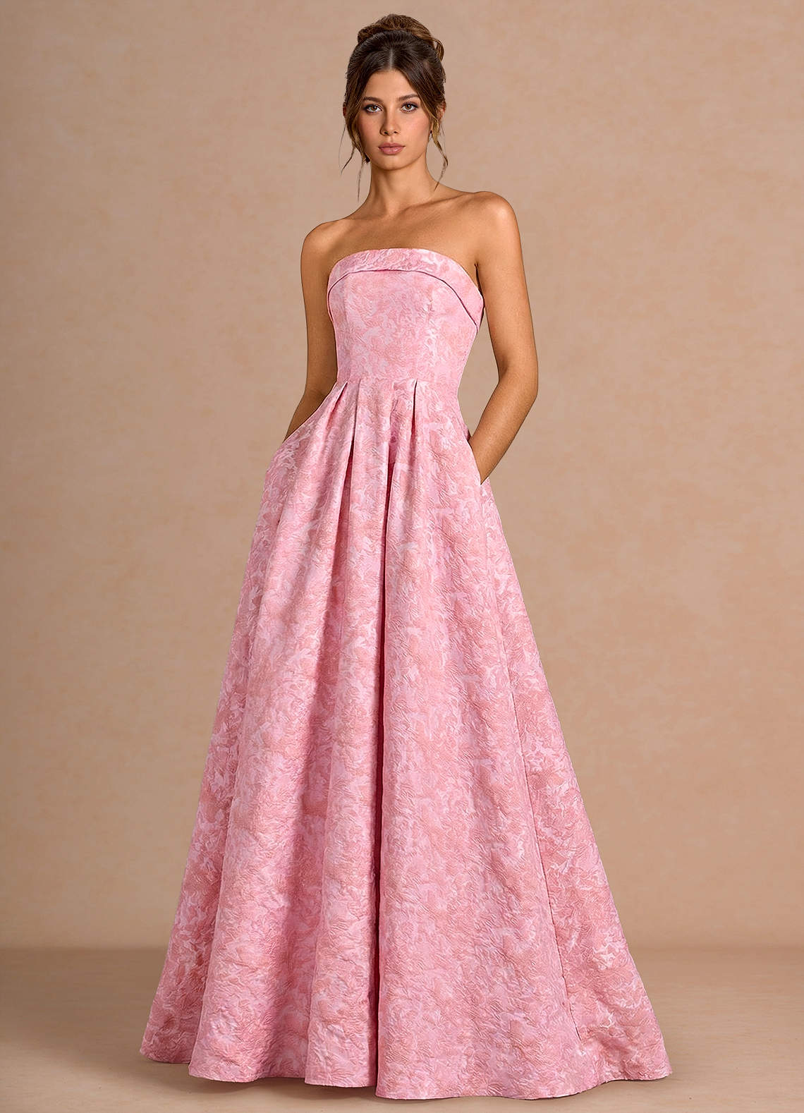 Emberlyn A-Line Strapless Jacquard Evening Dress in Pink Multi