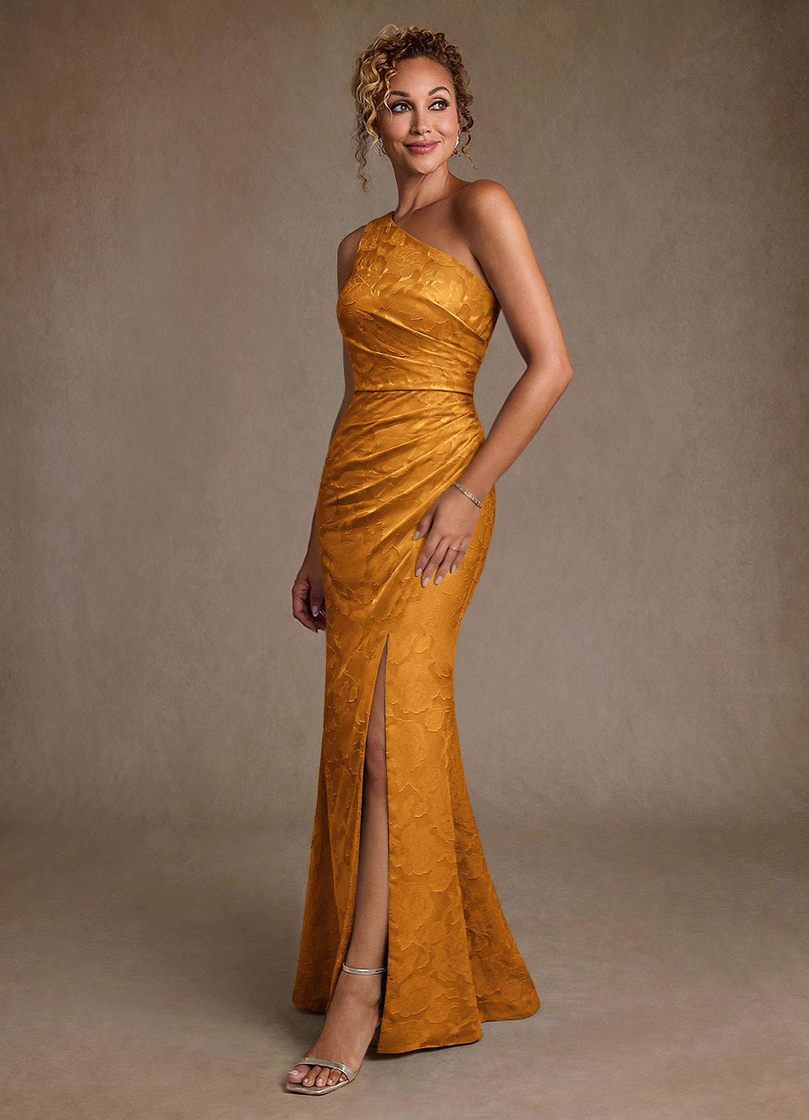 Joylin Trumpet One-Shoulder Floral Burnout Mother of the Bride Dress in butterscotch