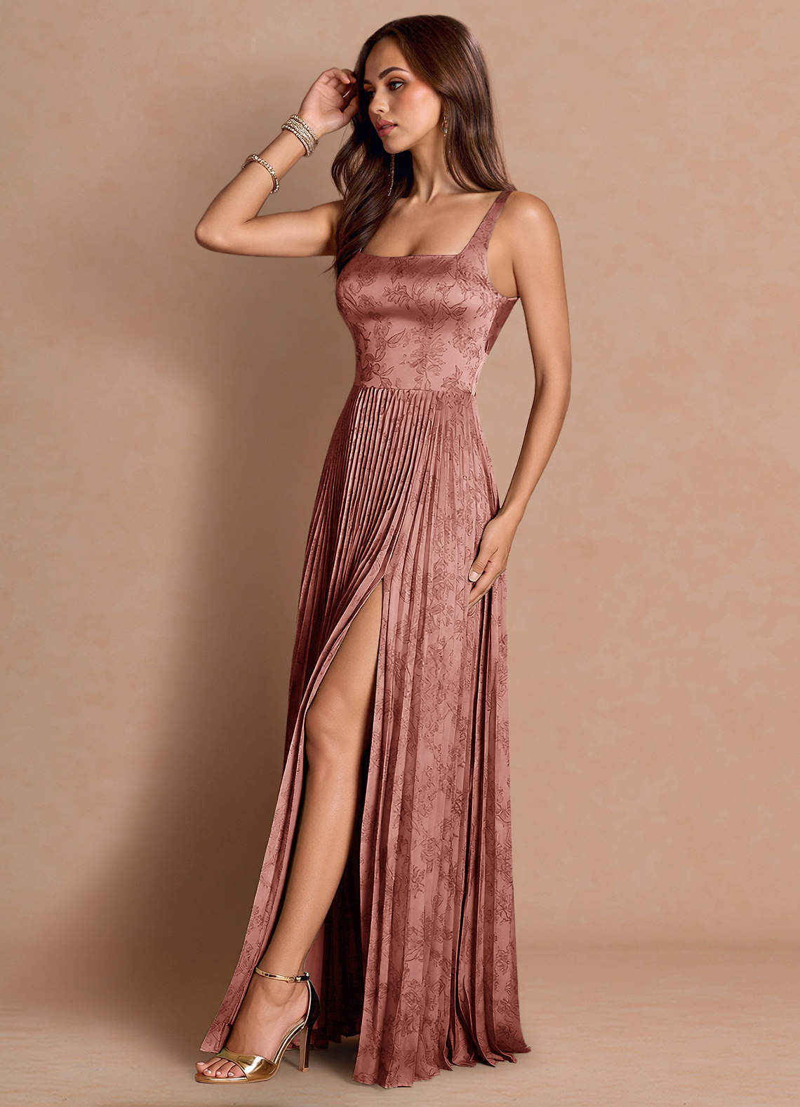 Tatiana A-Line Square-Neck Jacquard Wedding Guest Dress in Vintage Rose