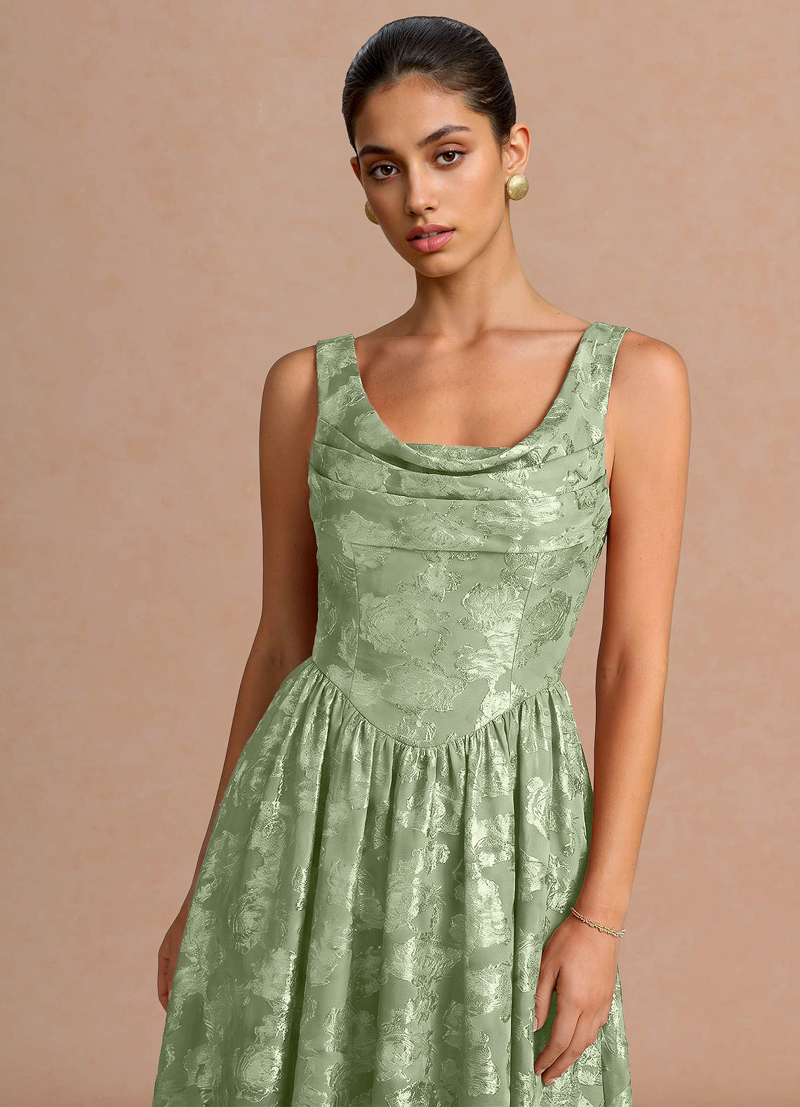 Novi A-Line Draped-Neck Floral Fil Coupé Evening Dress in Light Green