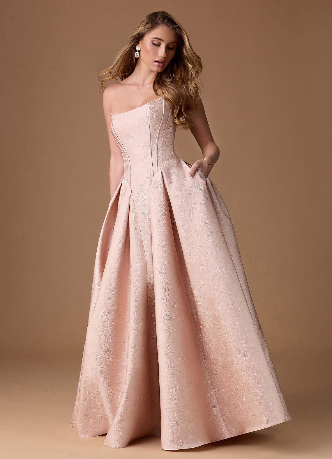 Symone Ball Gown Strapless Jacquard Evening Dress in Oyster Pink
