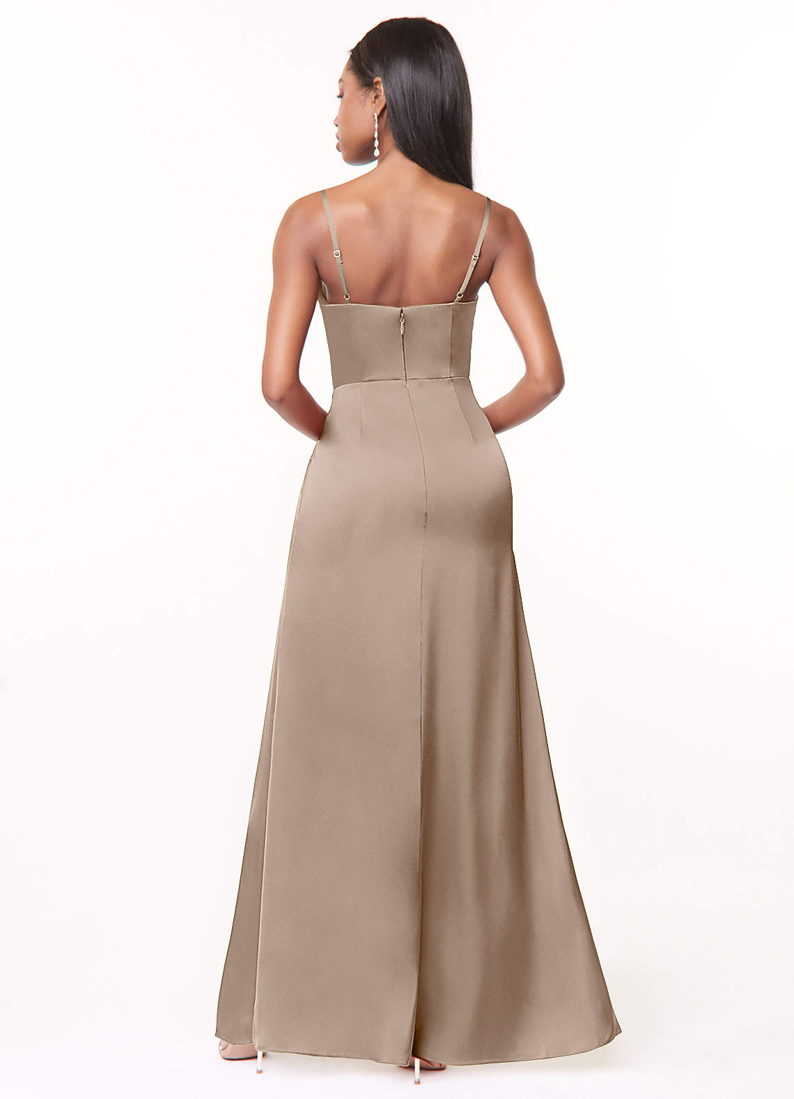Maci A-Line V-Neck Stretch Satin Bridesmaid Dress in Taupe