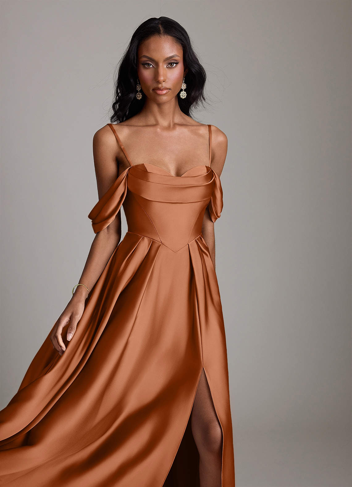 Loisa A-Line Off-the-Shoulder Stretch Satin Bridesmaid Dress in Copper