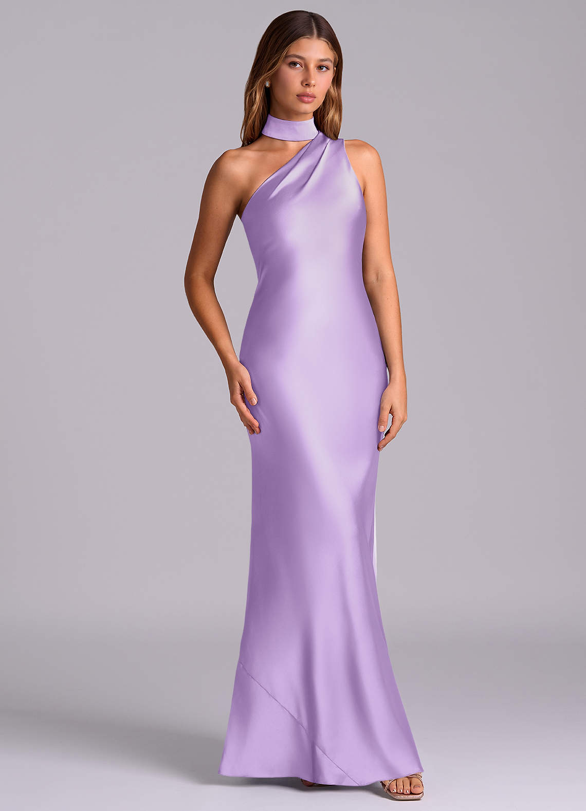 Seona Mermaid One-Shoulder Stretch Satin and Tulle Bridesmaid Dress in Lilac