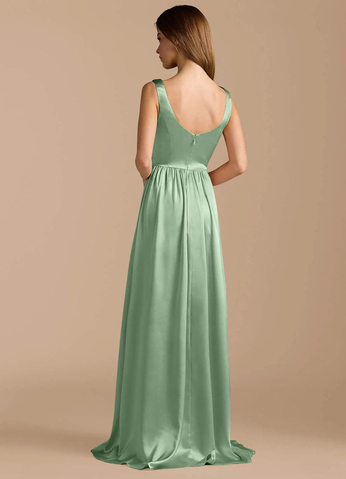 Keyla A-Line V-Neck Metallic Satin Bridesmaid Dress in Matcha