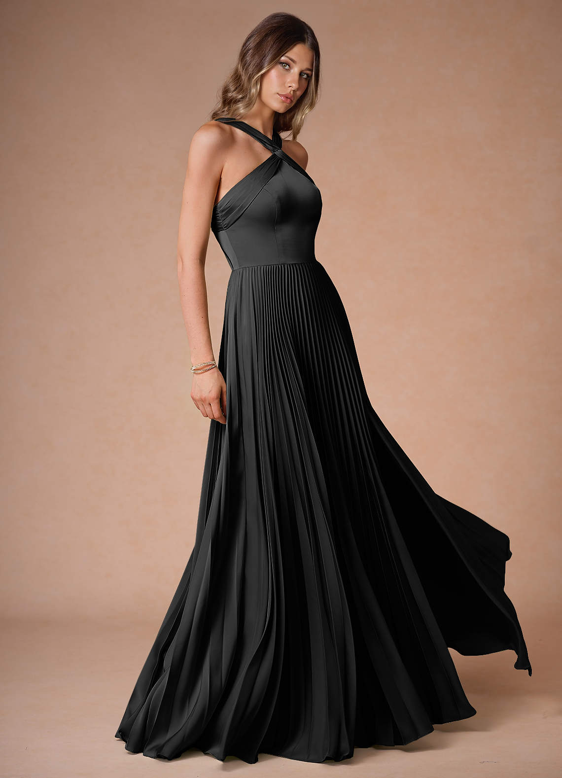 Afra A-Line Pleated Stretch Satin Wedding Guest Dress in Haze Pink