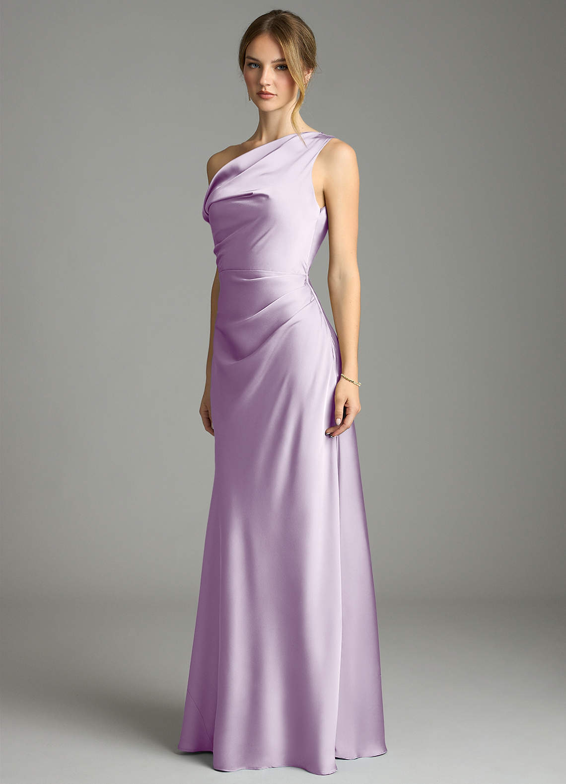 Emerson Mermaid One-Shoulder Stretch Satin Bridesmaid Dress in Frosted Lilac