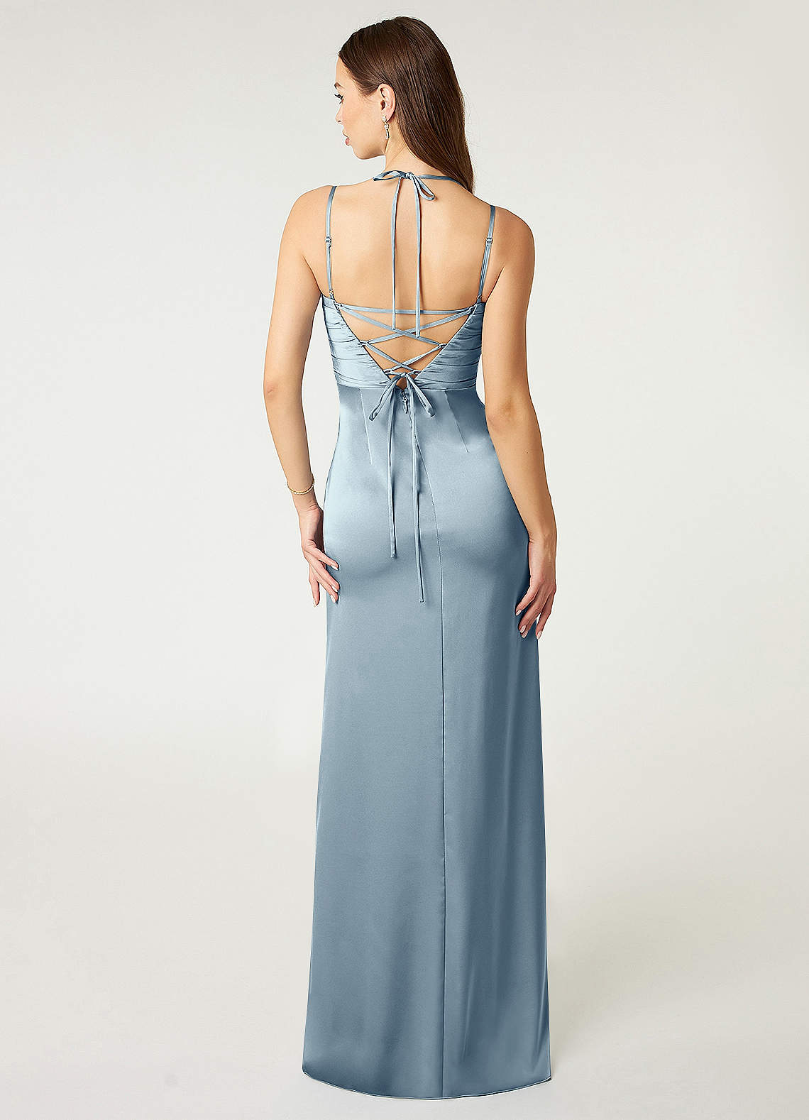 Desi Sheath Halter Stretch Satin Bridesmaid Dress in dusty blue
