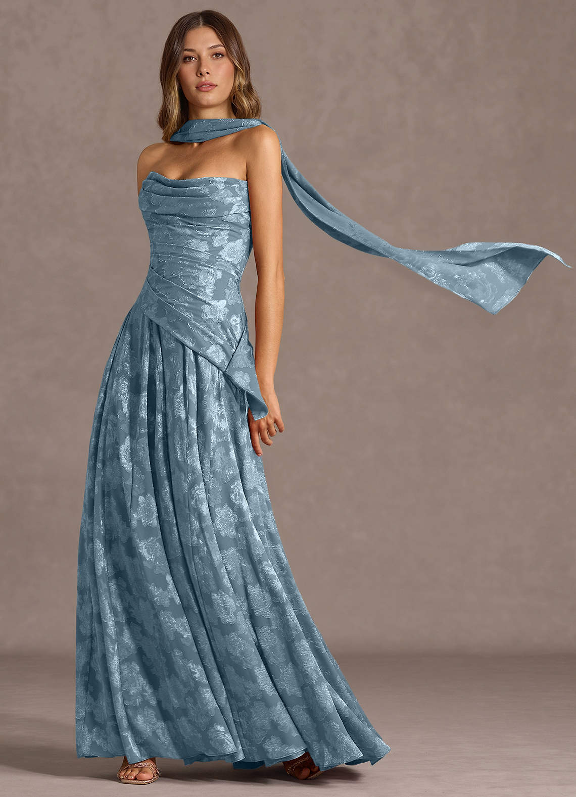 Gabriela A-Line Corset Fil Coupé Wedding Guest Dress in Dusty Blue
