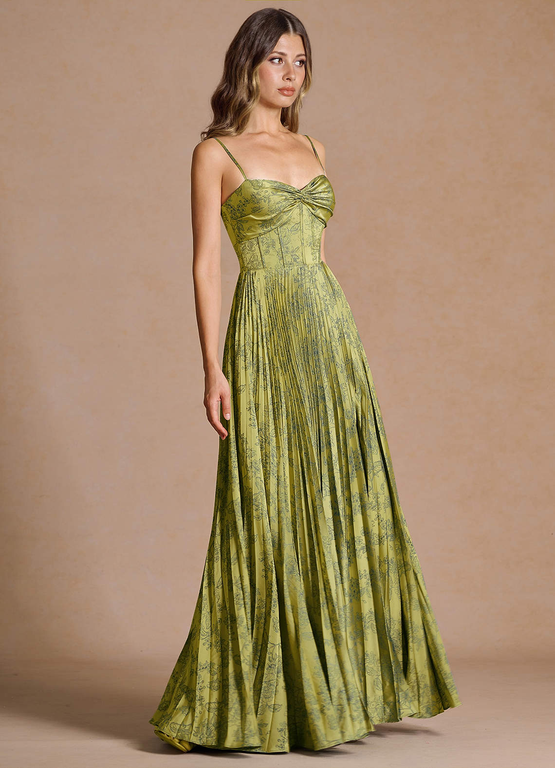 Vesper Pleated Knot-Neck Jacquard Wedding Guest Dress in Moss Navy