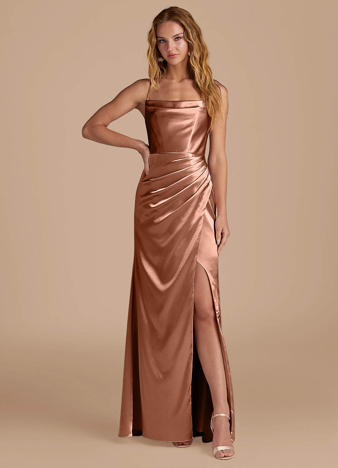 Marzia Mermaid Square-Neck Metallic Satin Bridesmaid Dress in Bronzer