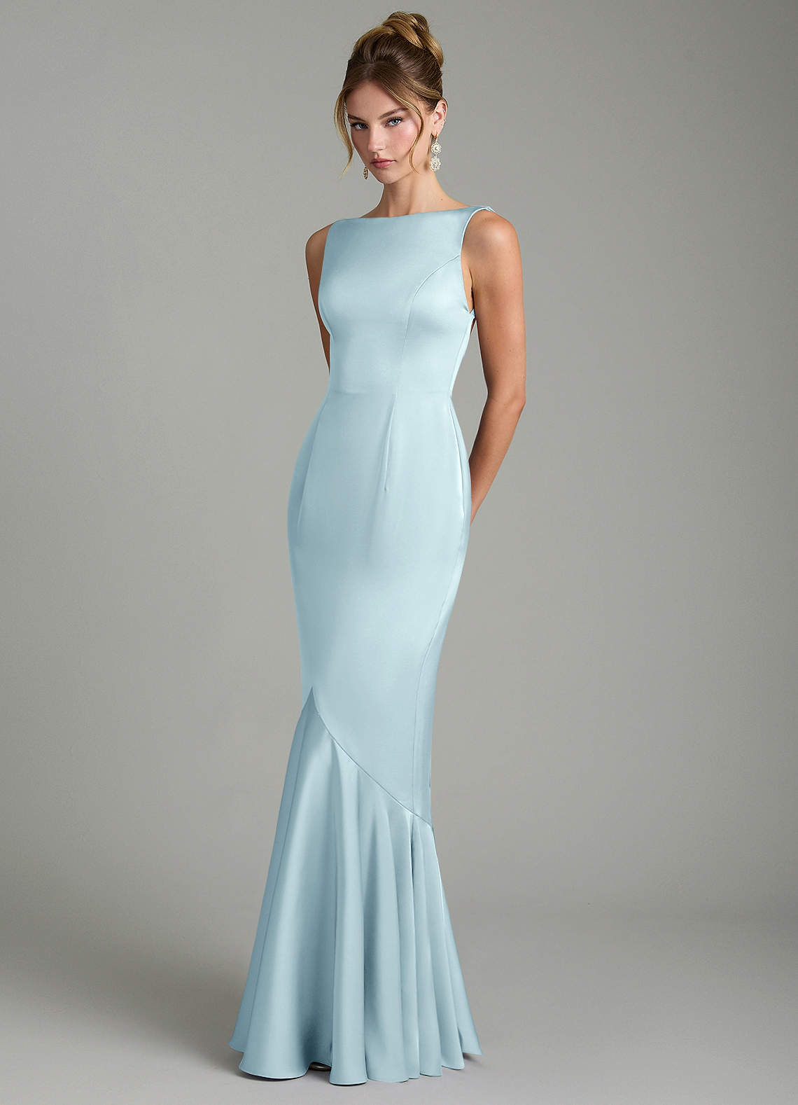 Tamera Mermaid Boat-Neck Stretch Satin and Chiffon Bridesmaid Dress in Cloud Blue