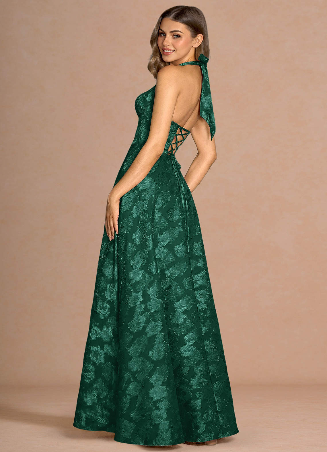 Isabeau A-Line V-Neck Fil Coupé Evening Dress in Hunter Green