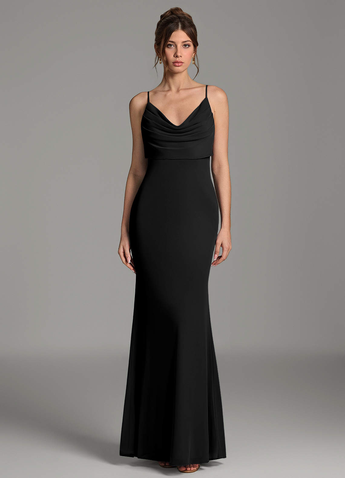 Zari Mermaid Cowl-Neck Mesh Bridesmaid Dress in black