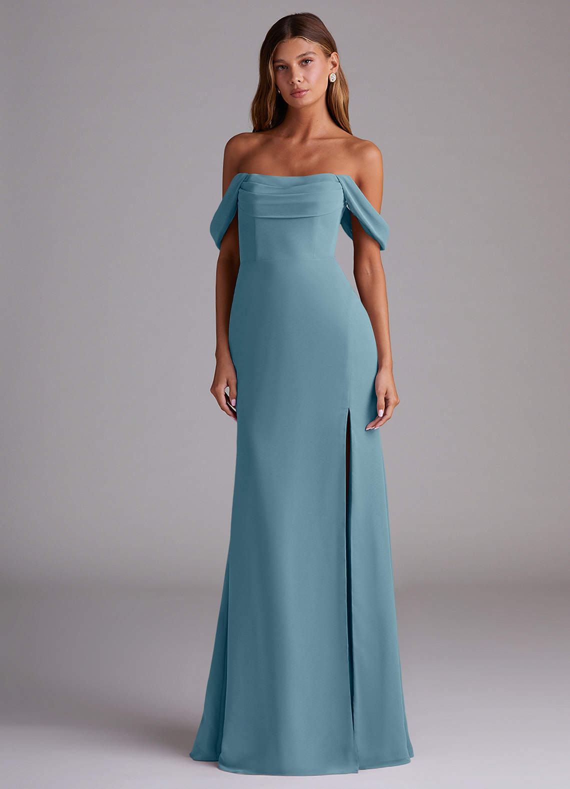 Saige A-Line Off-the-Shoulder Chiffon Bridesmaid Dress in Moody Blue