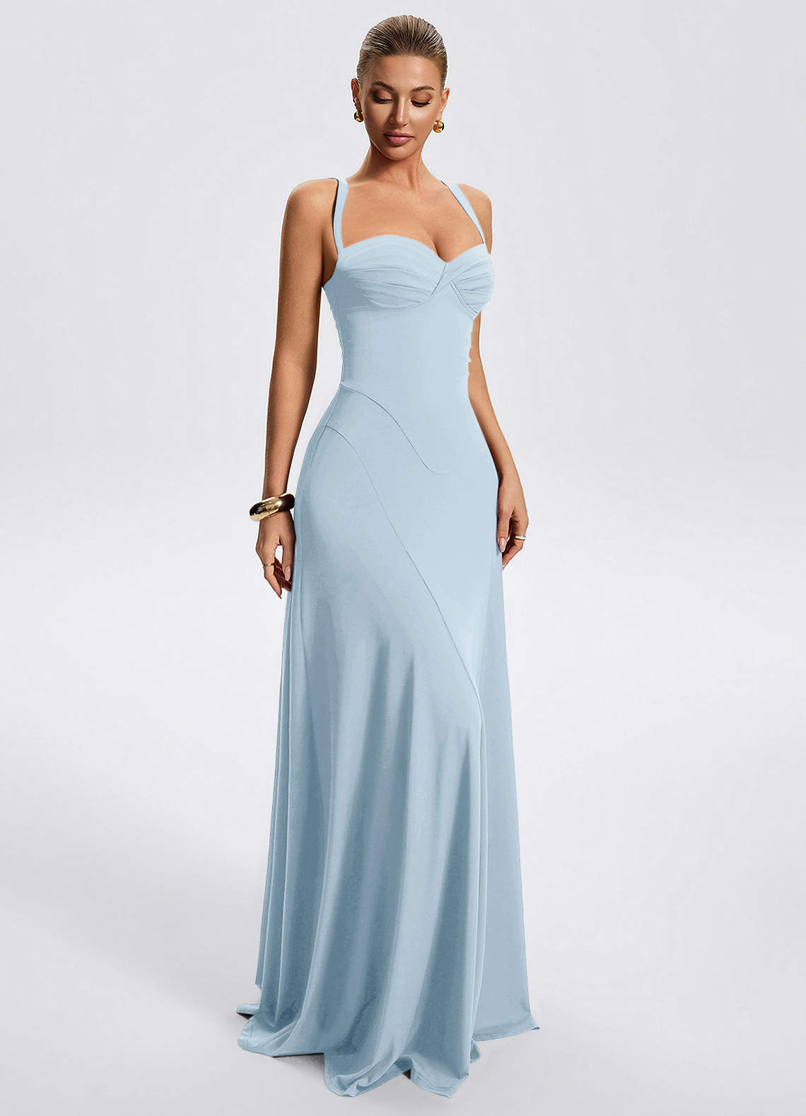 Zephira Fitted Sweetheart Godet Stretch Jersey Wedding Guest Dress in Sky Blue