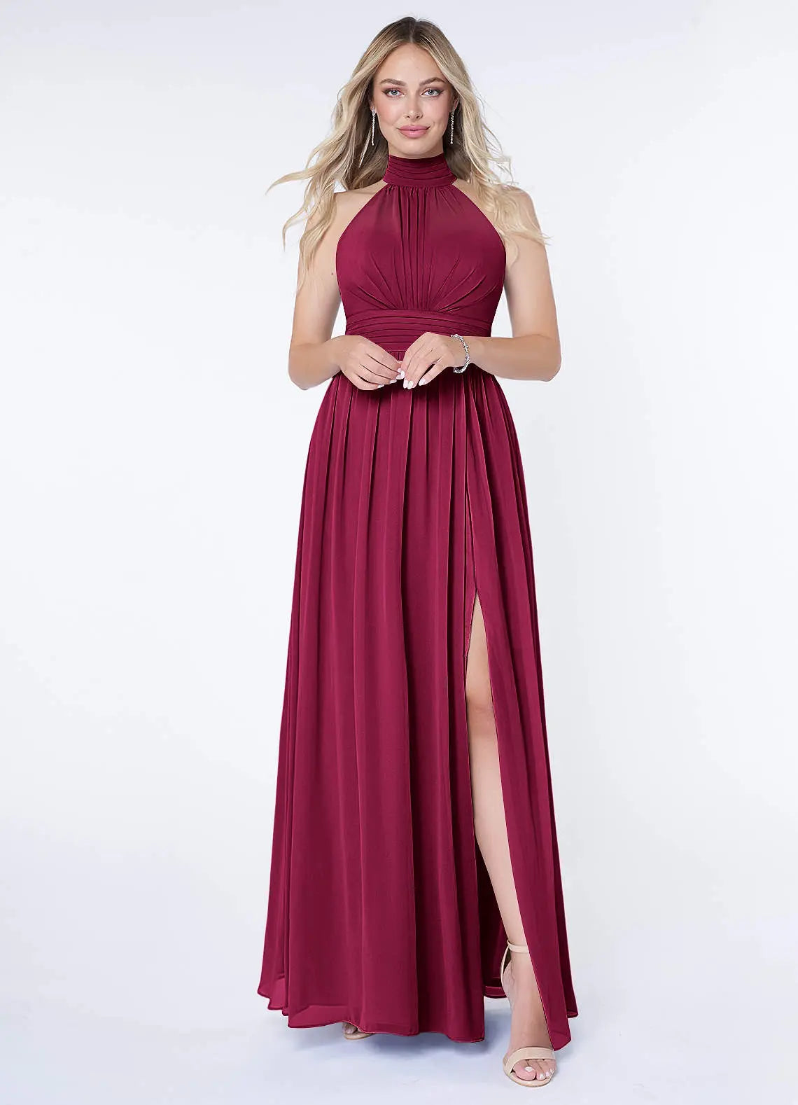 Iman A-Line Halter Chiffon Bridesmaid Dress in Burgundy