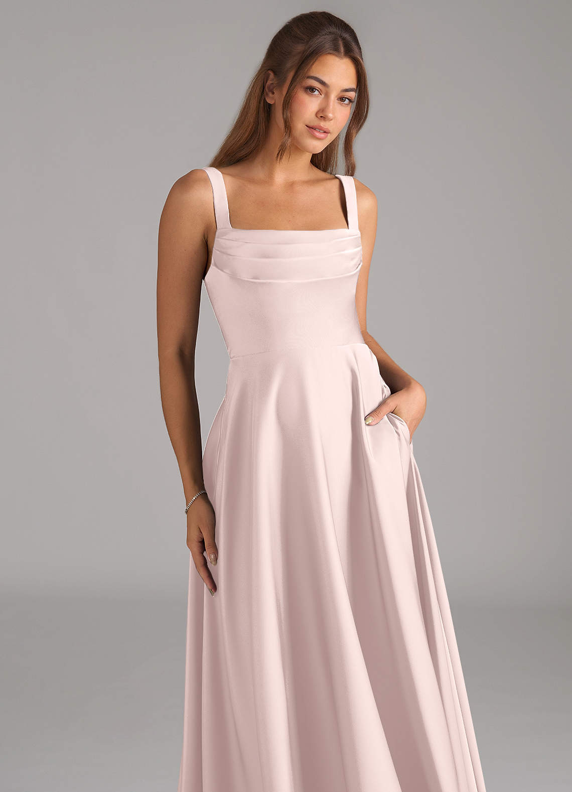 Shaude A-Line Square-Neck Stretch Satin Bridesmaid Dress in Blushing Pink