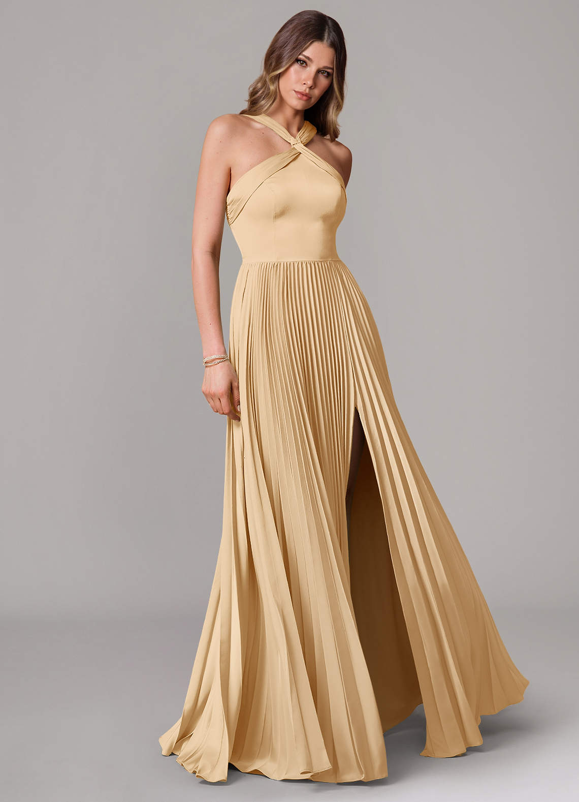 Afra A-Line Halter-Neck Stretch Satin Bridesmaid Dress in Gold