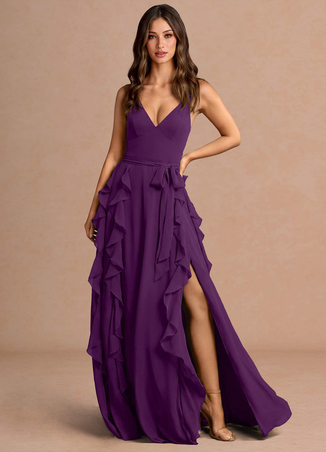Alouette A-Line V-Neck Chiffon Evening Dress in Grape