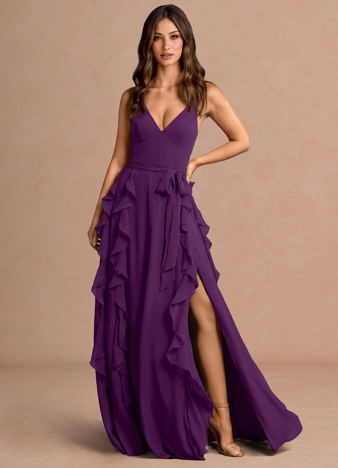 Alouette A-Line V-Neck Chiffon Evening Dress in Grape
