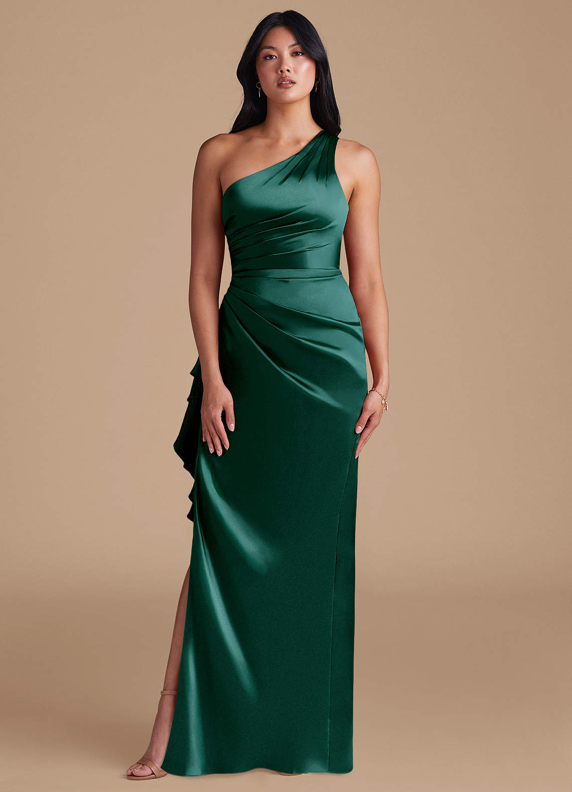 Latrice Sheath One-Shoulder Metallic Satin Bridesmaid Dress in Pine