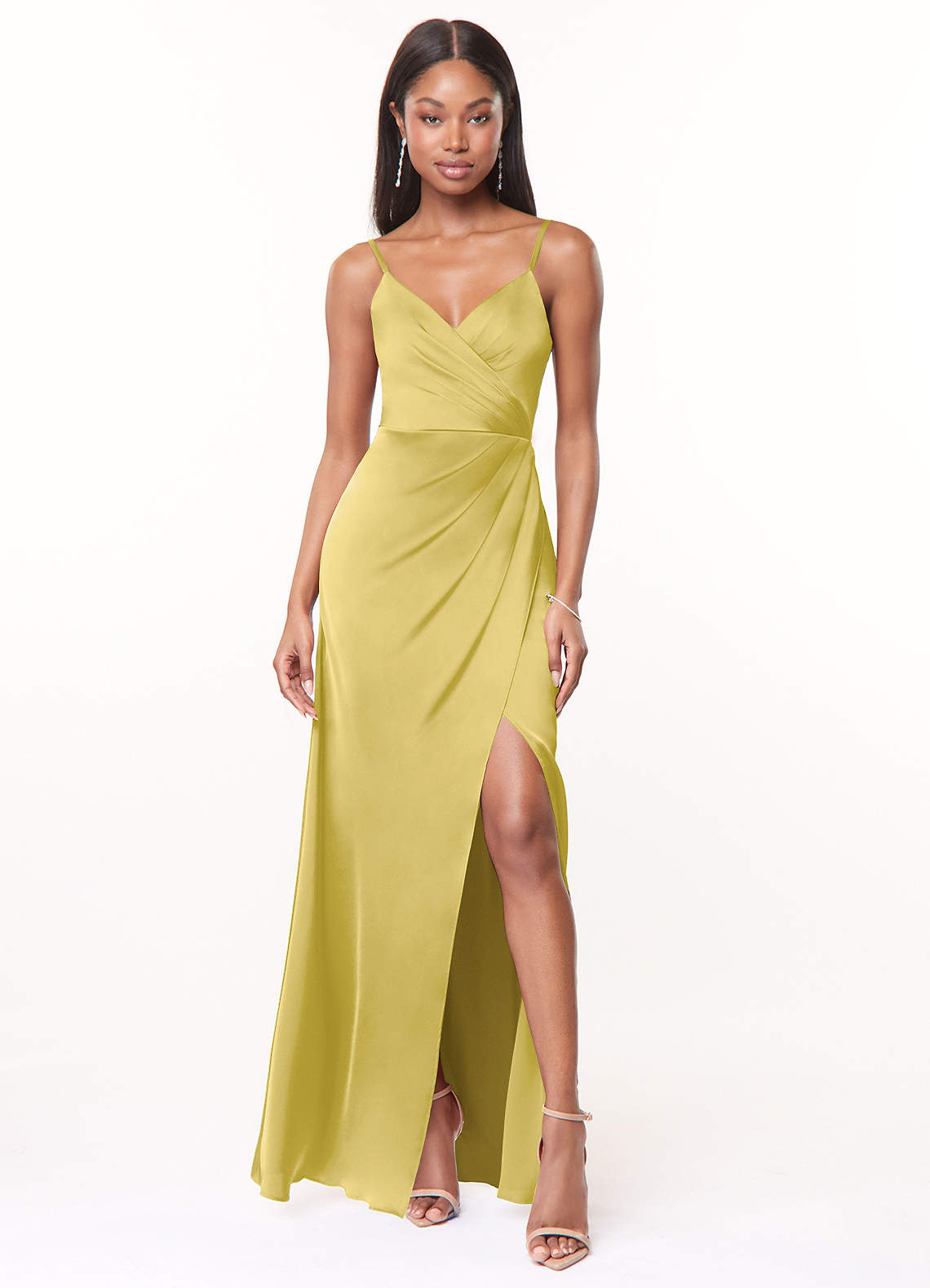 Maci A-Line V-Neck Stretch Satin Bridesmaid Dress in Canary