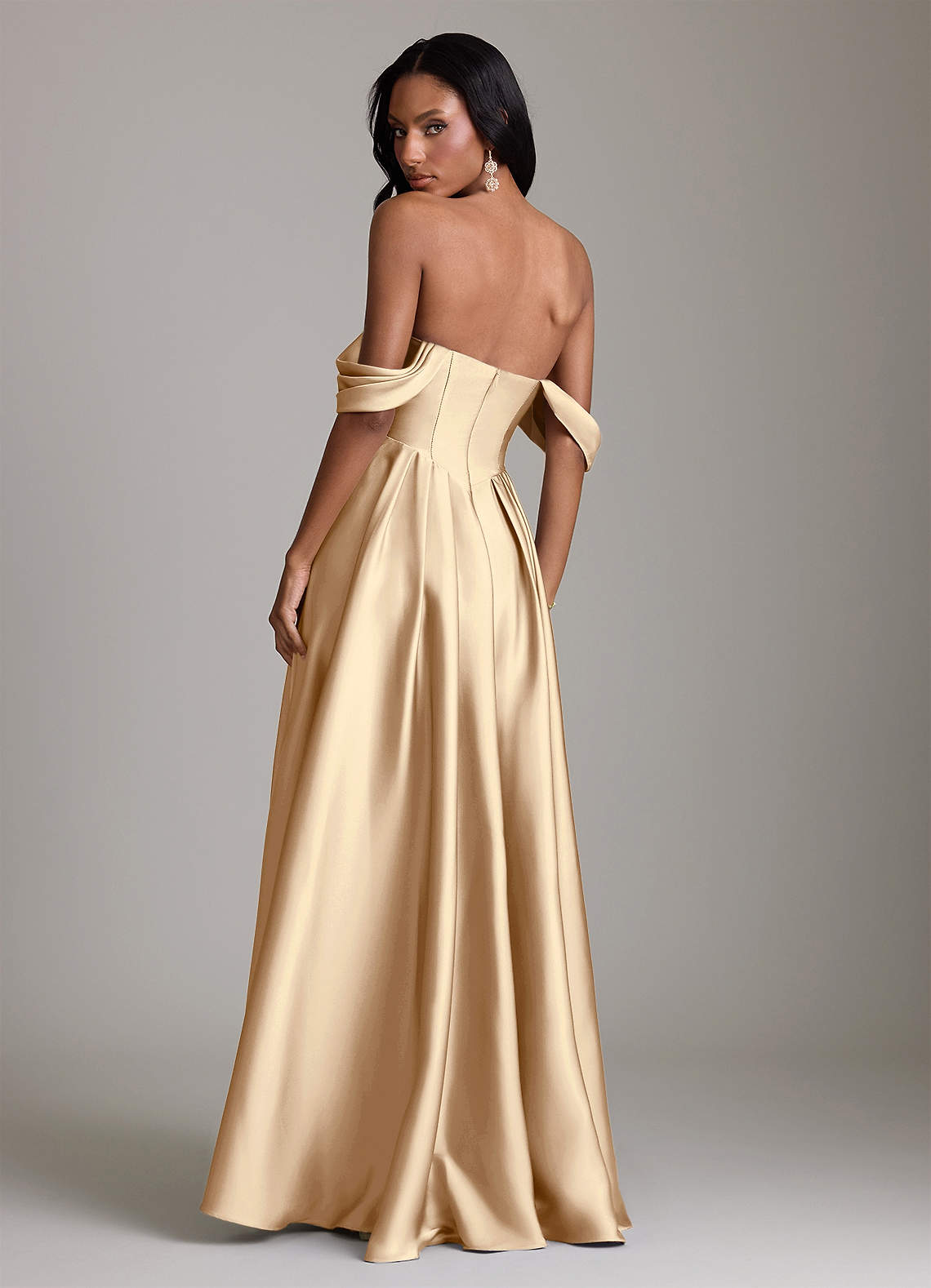 Loisa A-Line Off-the-Shoulder Stretch Satin Bridesmaid Dress in Champagne