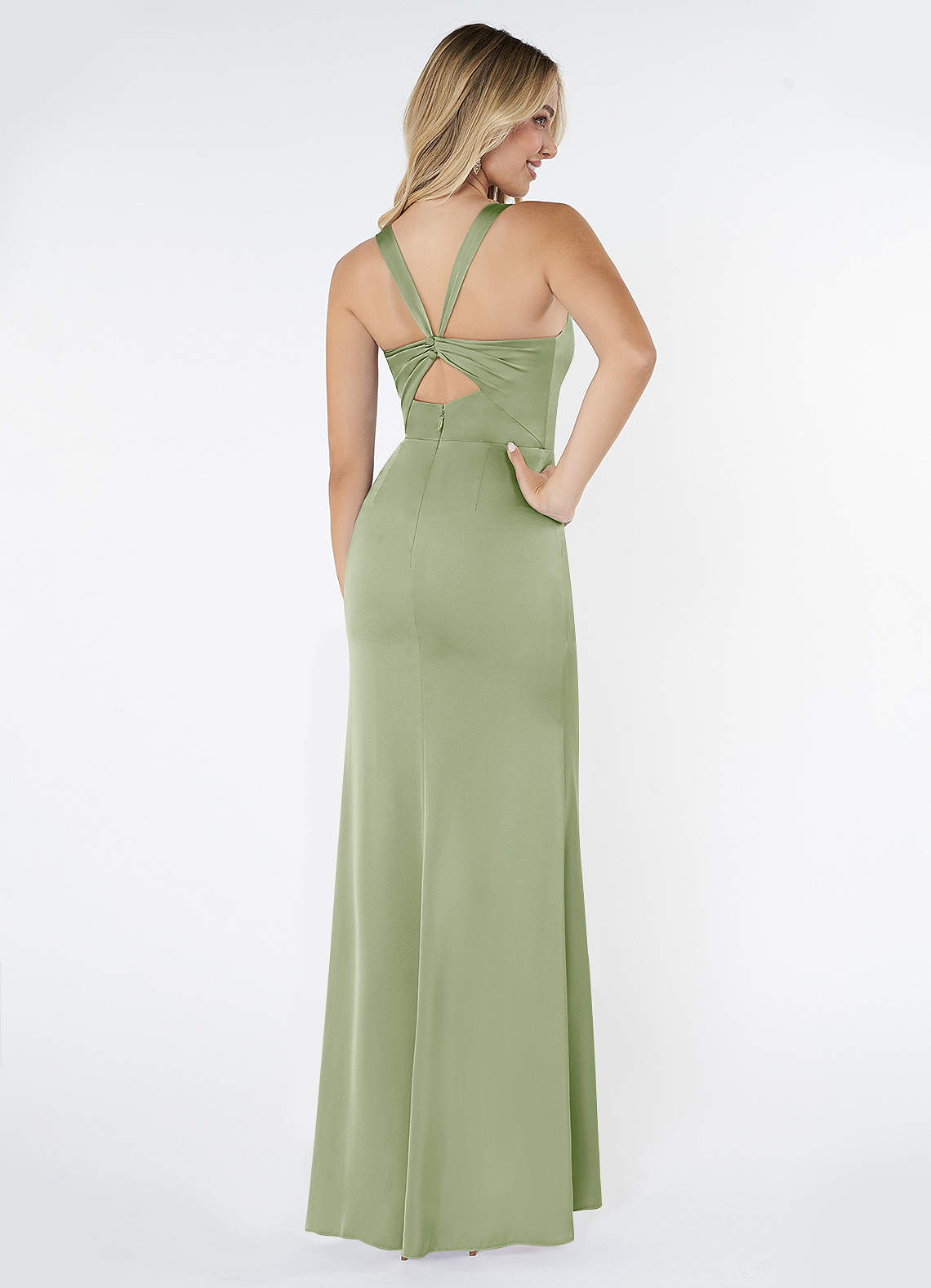 Mero Mermaid Square-Neck Stretch Satin Bridesmaid Dress in Dusty Sage
