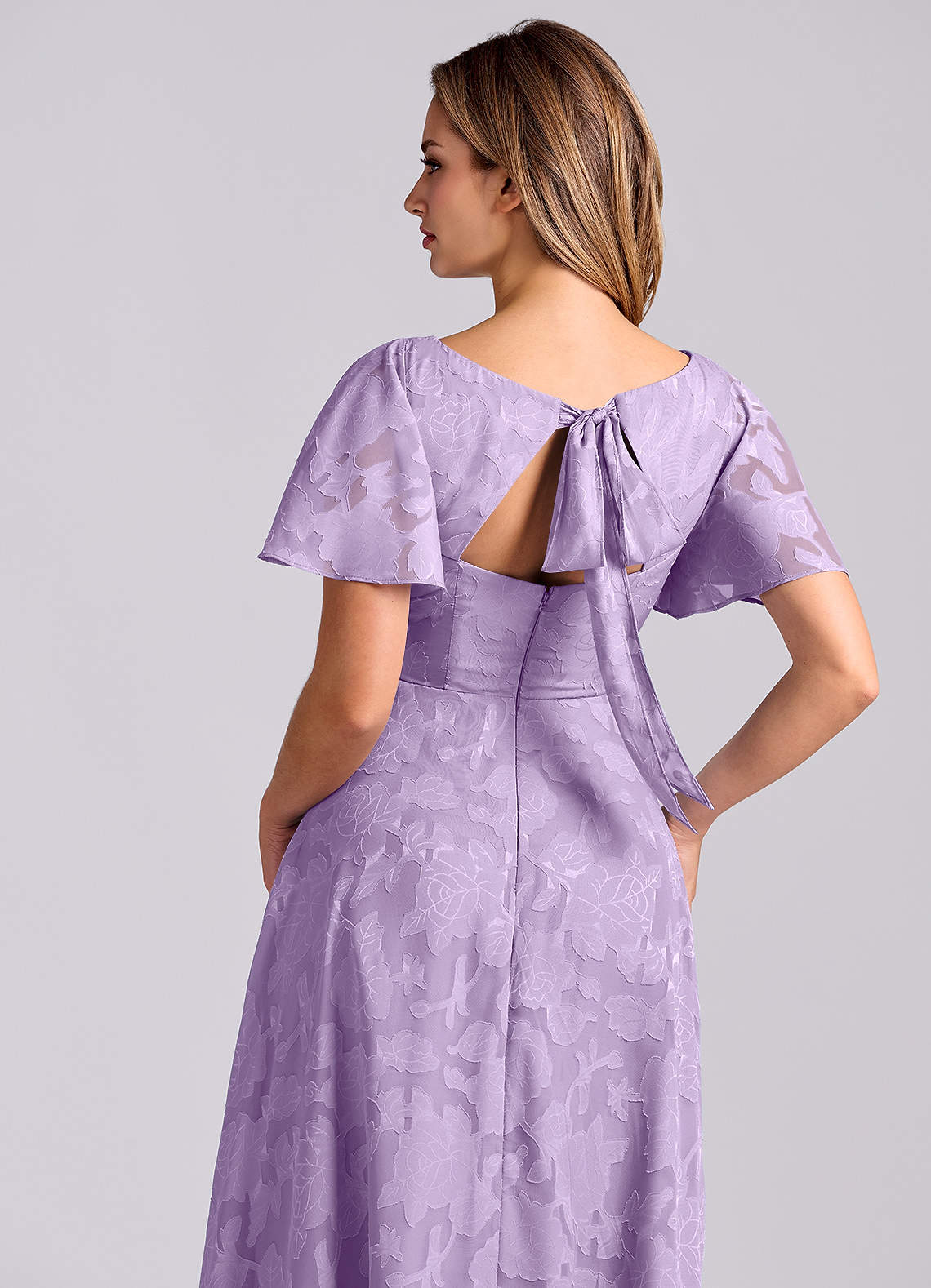 Kimber A-Line V-Neck Floral Burnout Bridesmaid Dress in Lilac