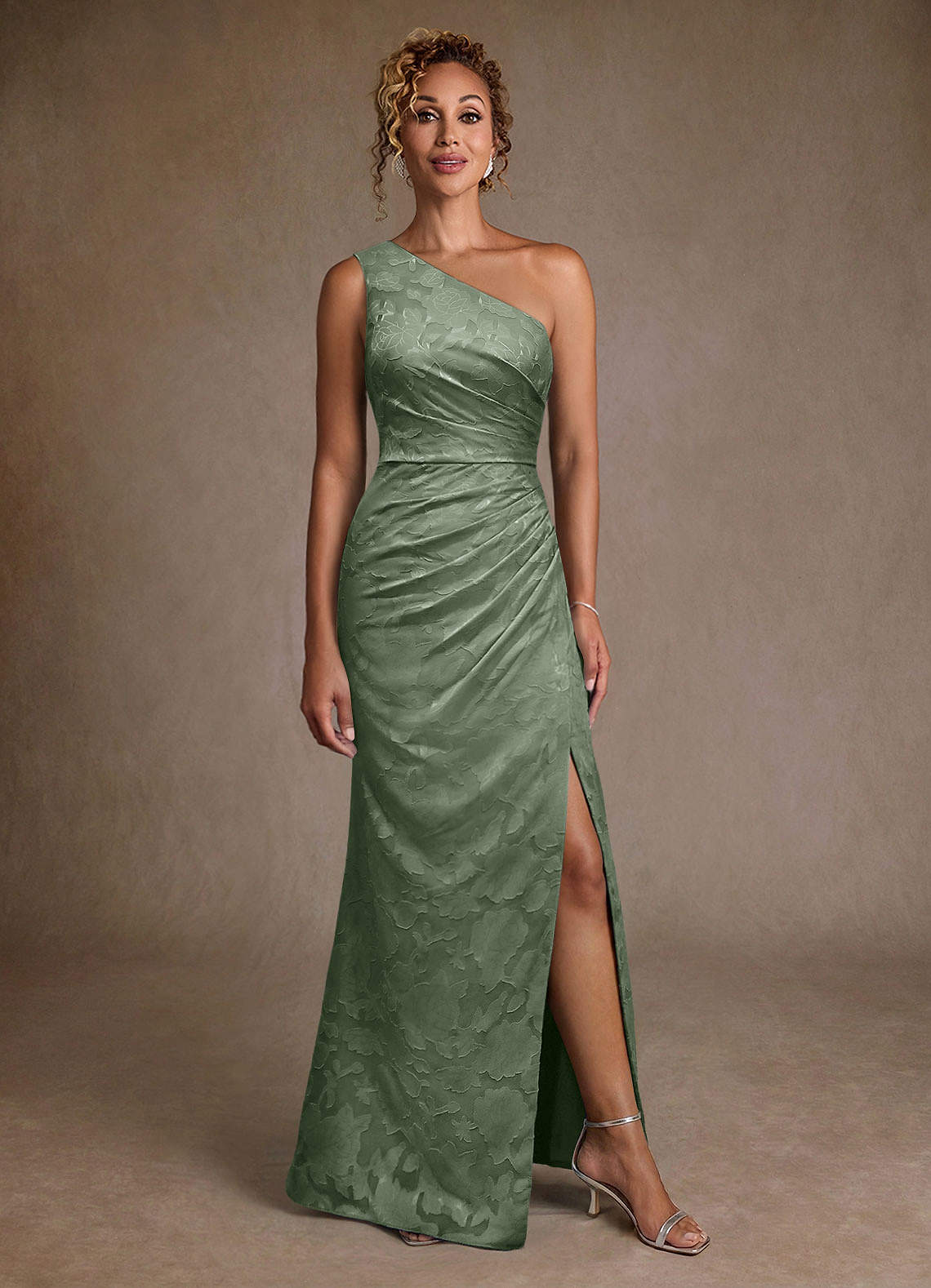 Joylin Trumpet One-Shoulder Floral Burnout Mother of the Bride Dress in matcha