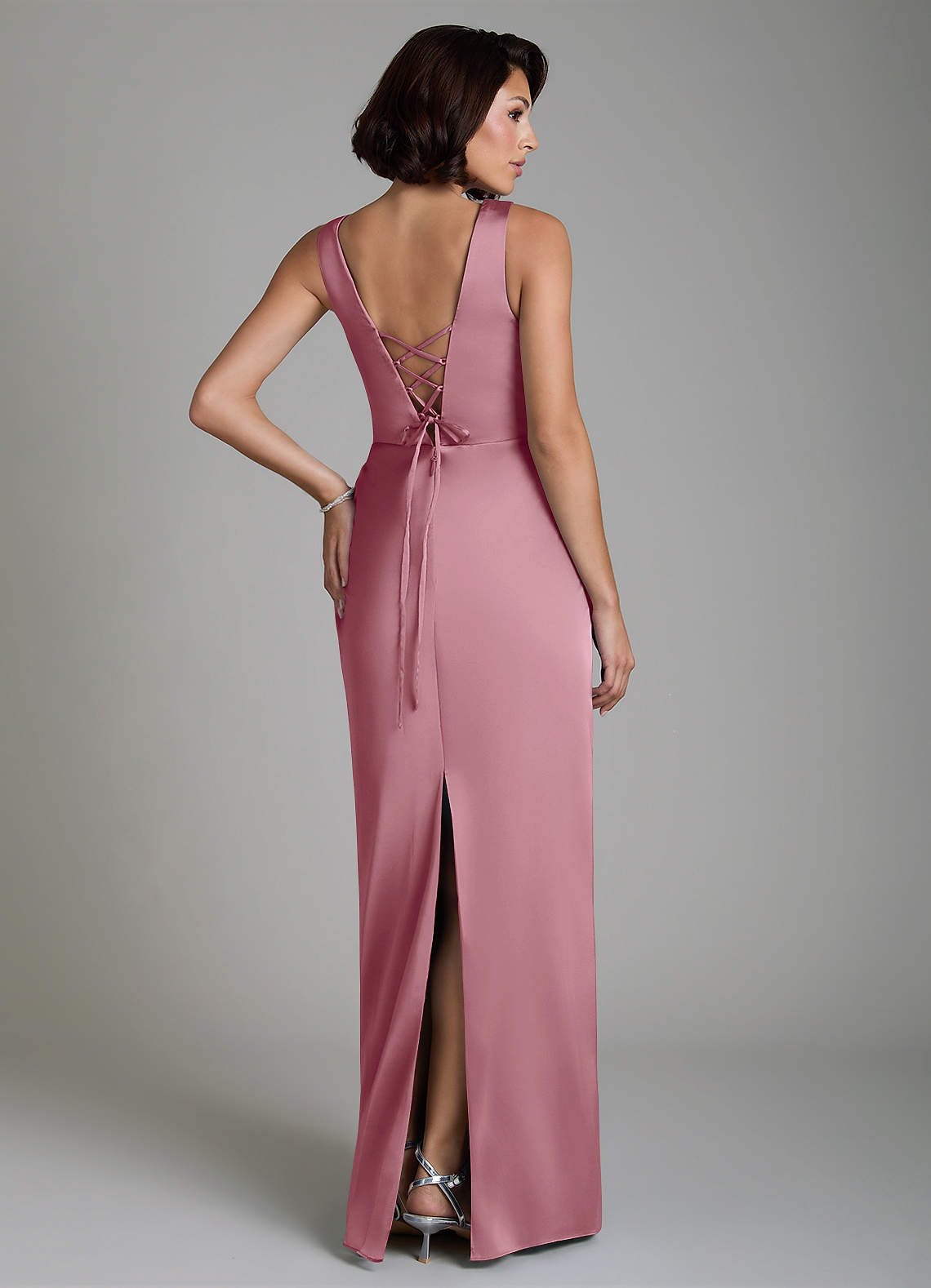 Vanya Sheath V-Neck Stretch Satin Bridesmaid Dress in Vintage Mauve