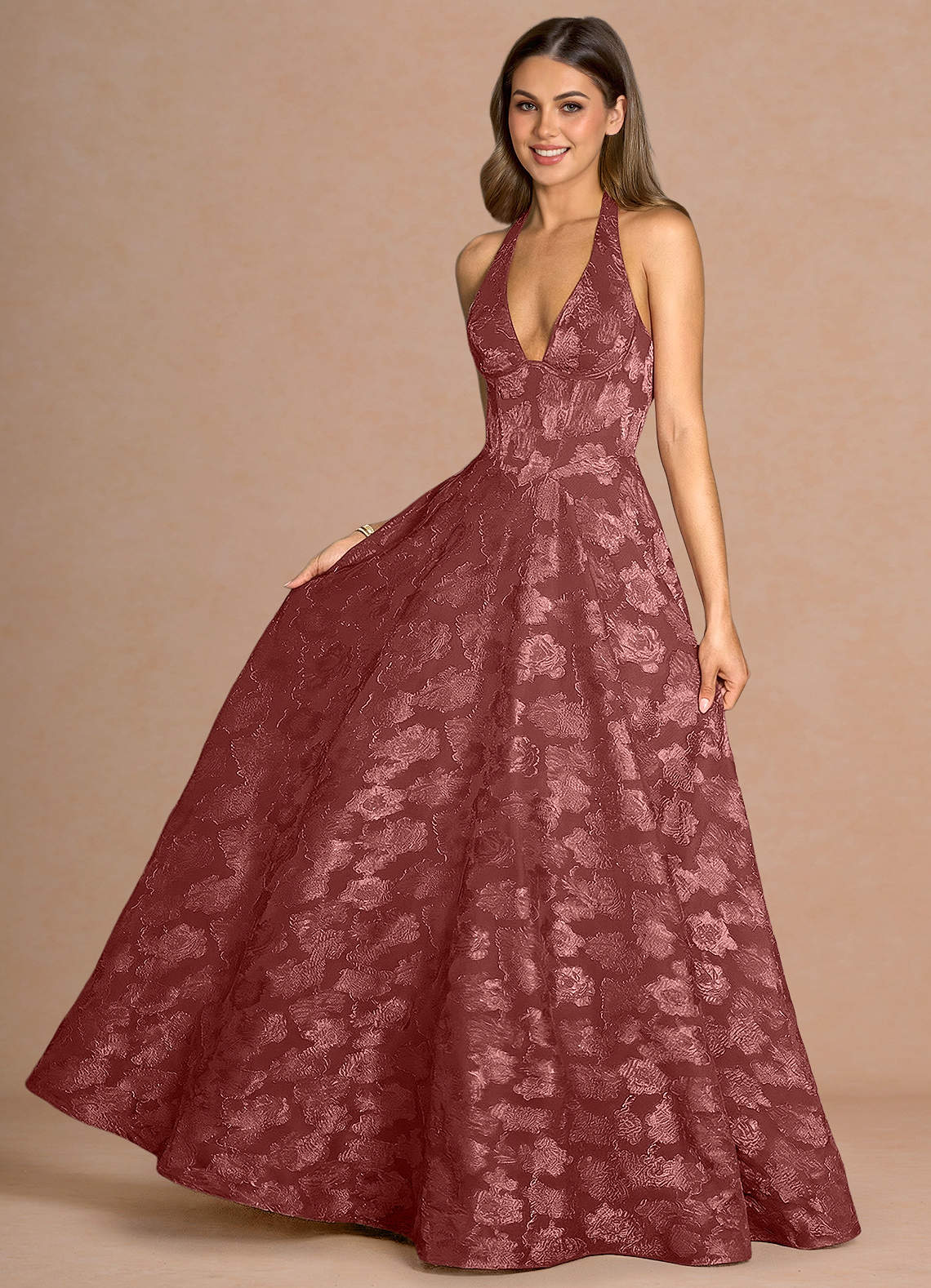 Isabeau A-Line V-Neck Fil Coupé Evening Dress in Vintage Rose