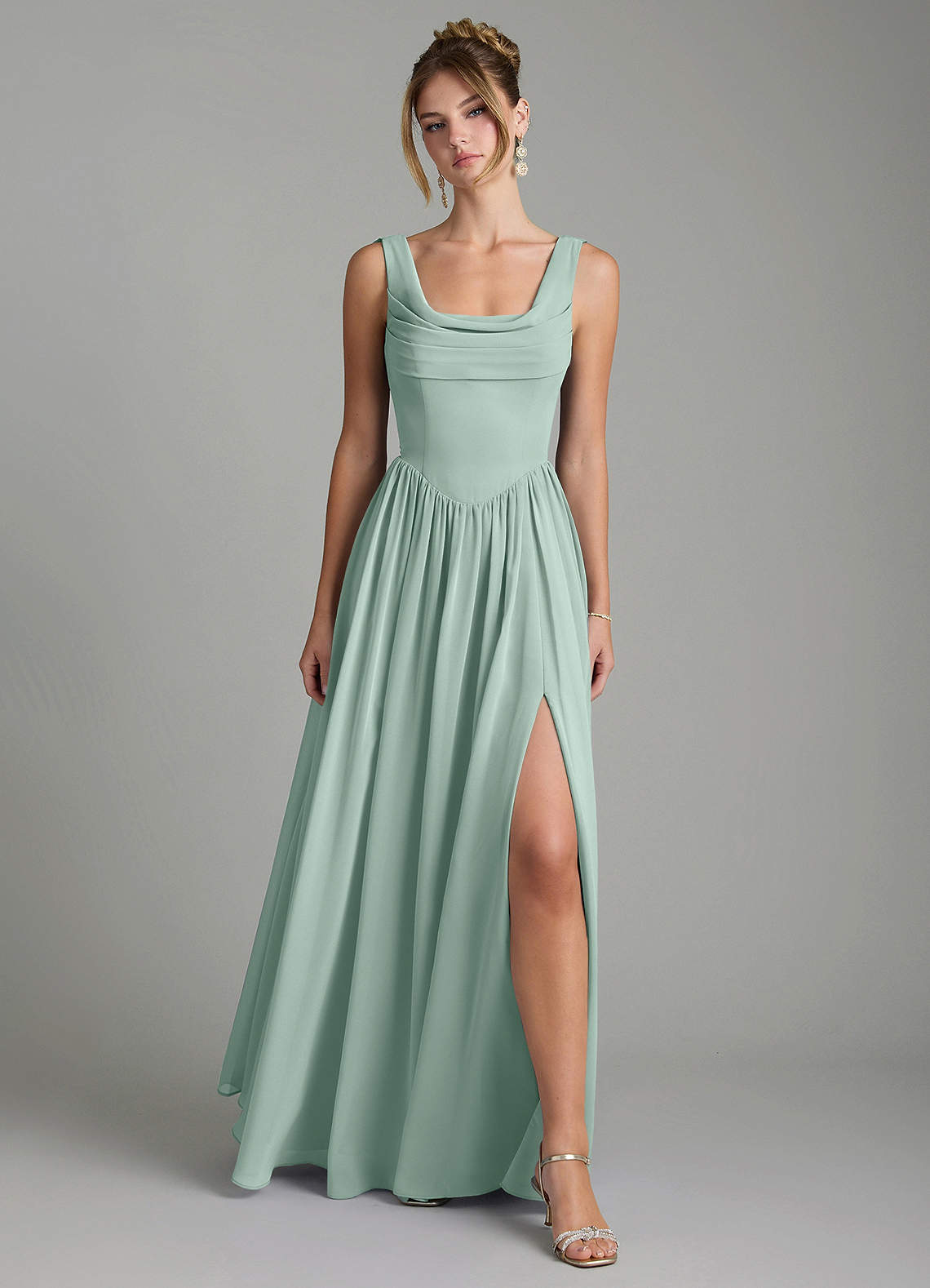 Novi A-Line Square-Neck Chiffon Bridesmaid Dress in Agave