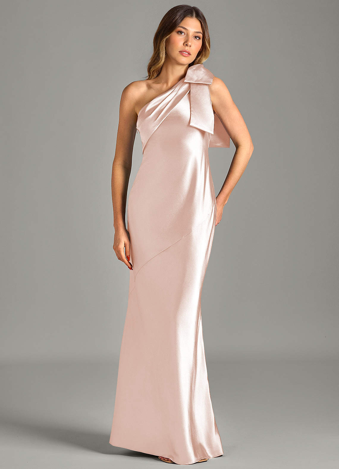 Yuanna Mermaid One-Shoulder Metallic Satin Bridesmaid Dress in rose gold
