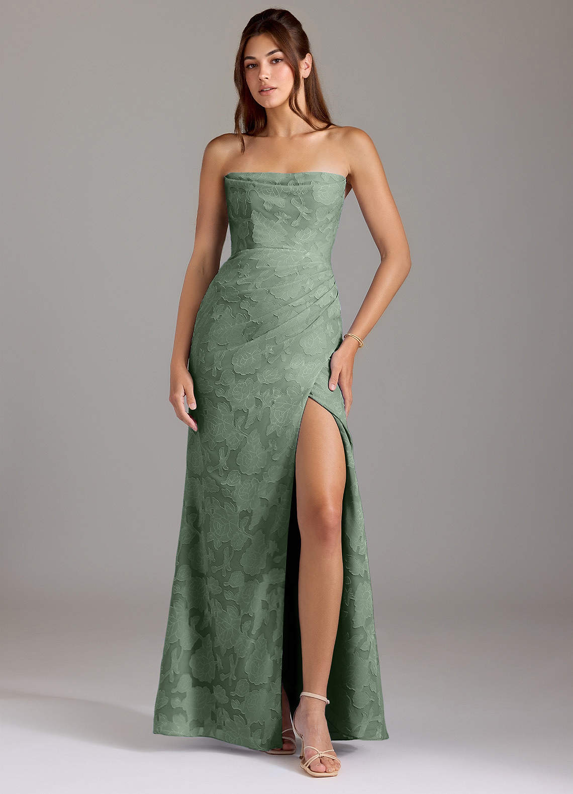 Leonis Sheath Strapless Floral Burnout Bridesmaid Dress in Matcha
