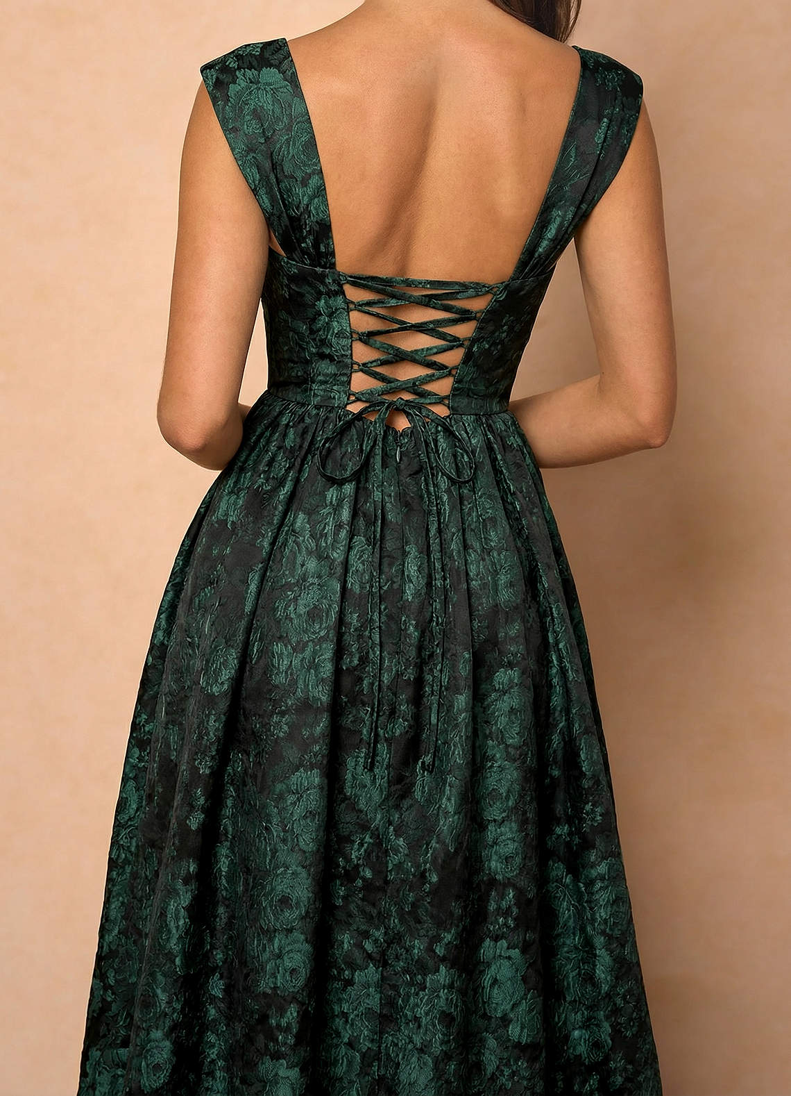Runa Ball Gown Pleated Jacquard Taffeta Evening Dress in Emerald Black