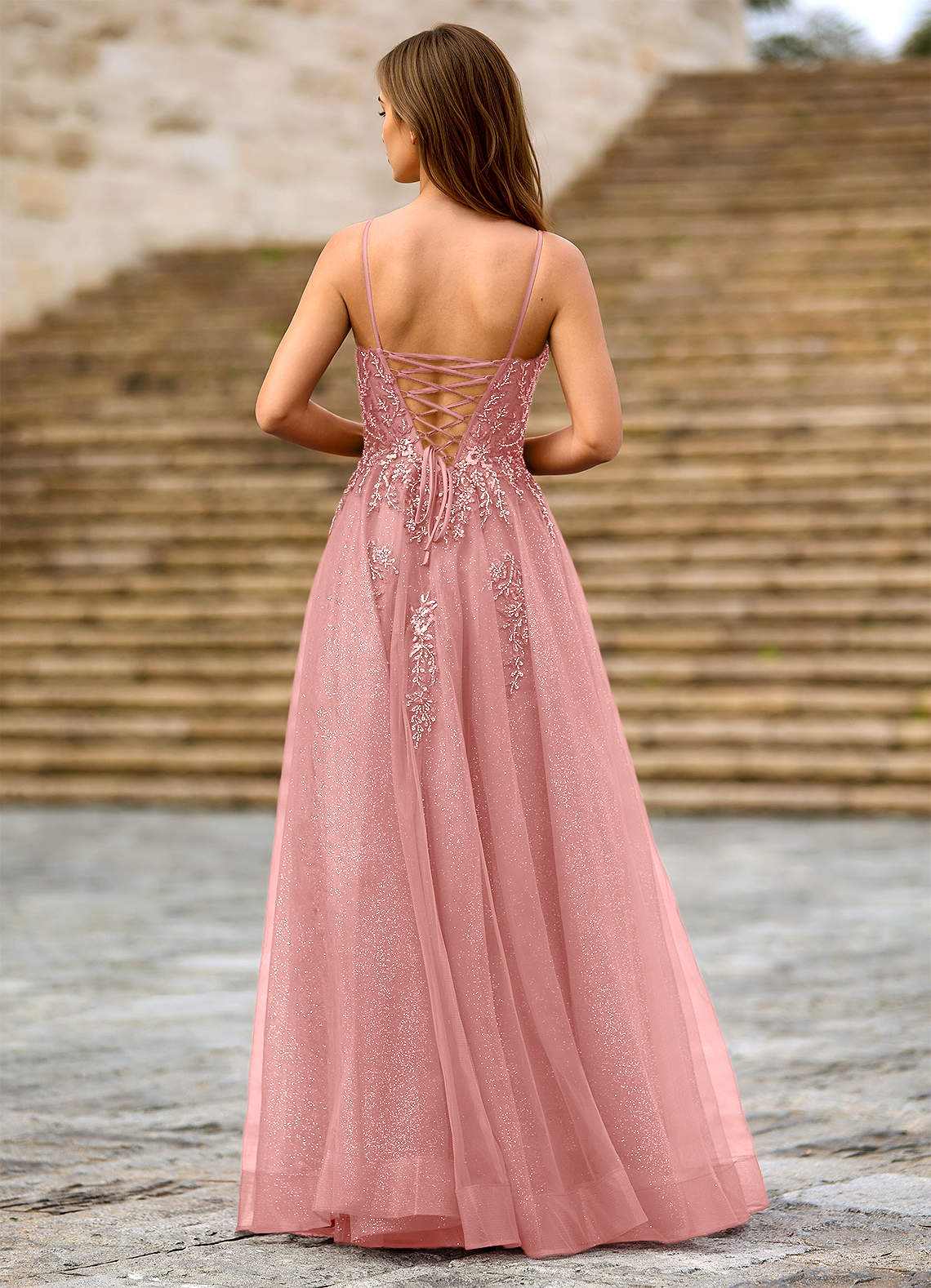Milliener A-Line V-Neck Tulle Evening Dress in Dusty Pink