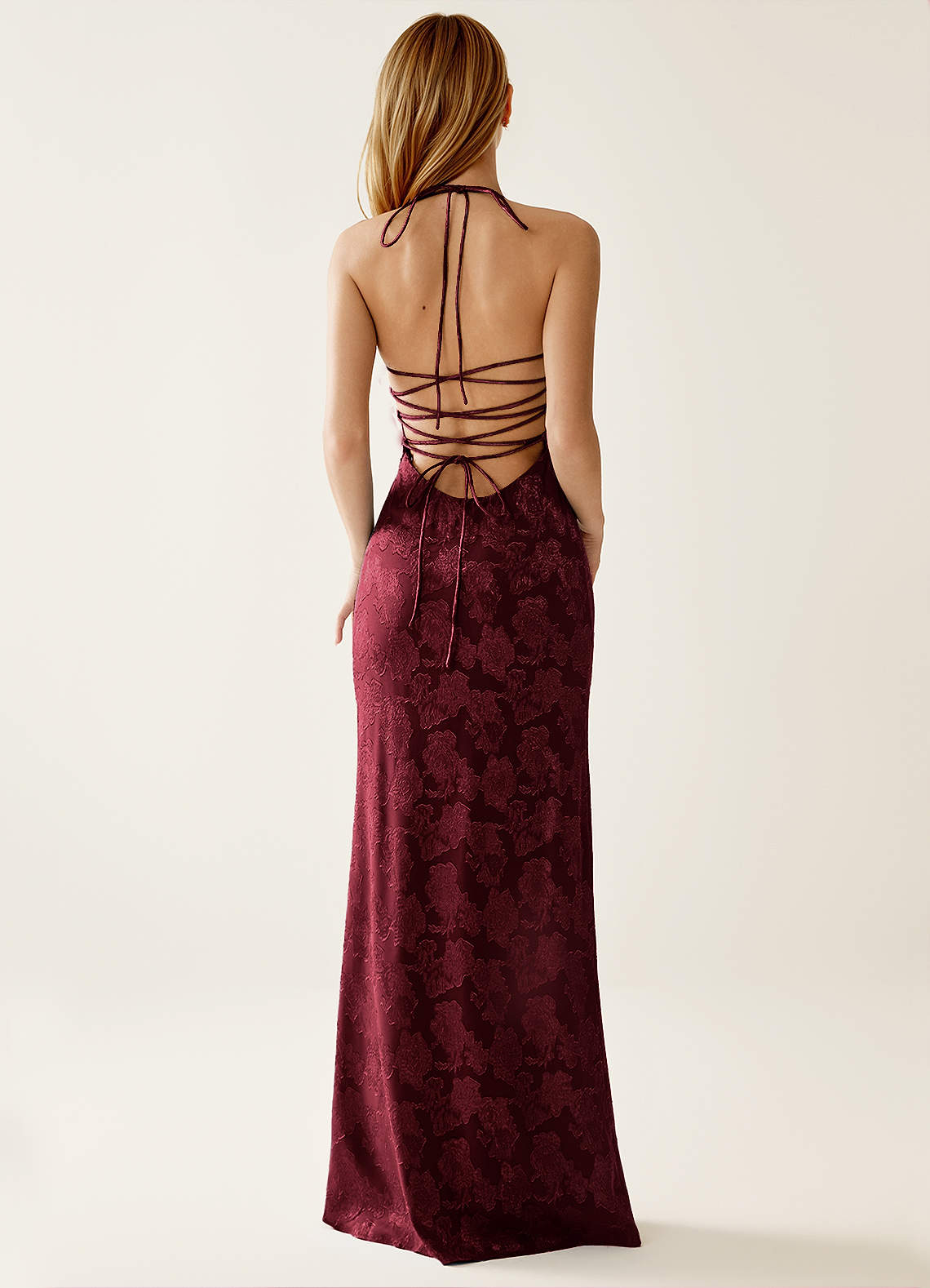 Angena Sheath Halter Floral Burnout Evening Dress in Wine