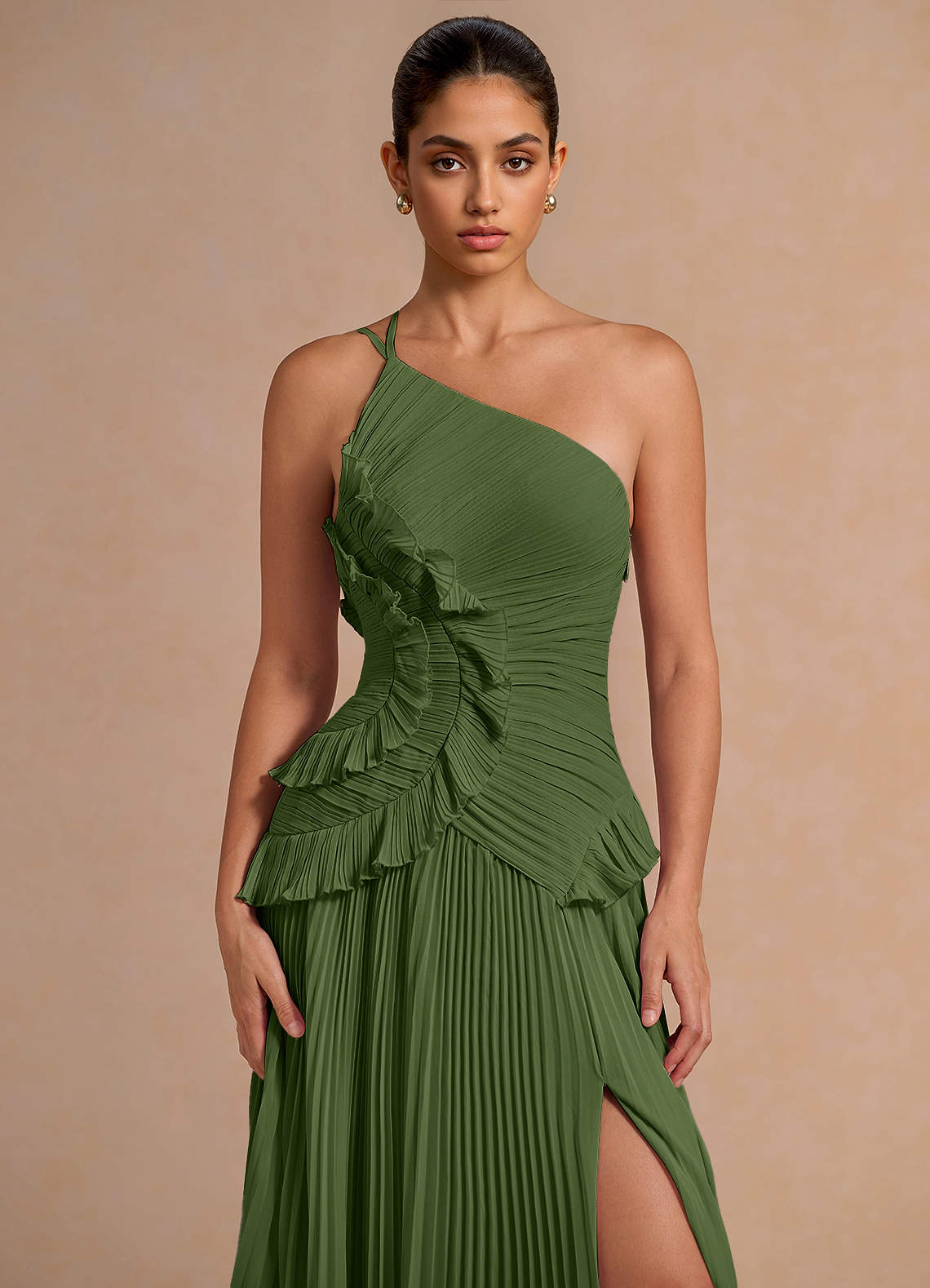 Melody A-Line One-Shoulder Chiffon Evening Dress in Olive