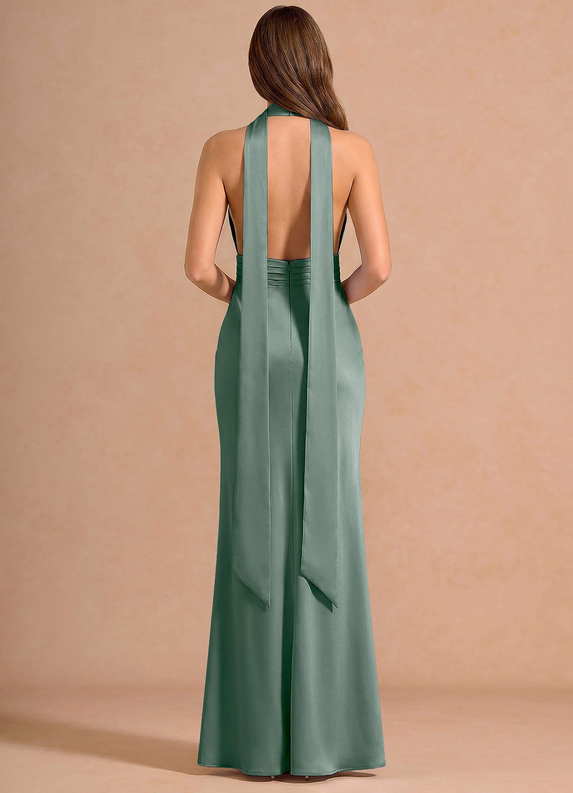 Linnea A-Line V-Neck Stretch Satin Evening Dress in Vintage Sage