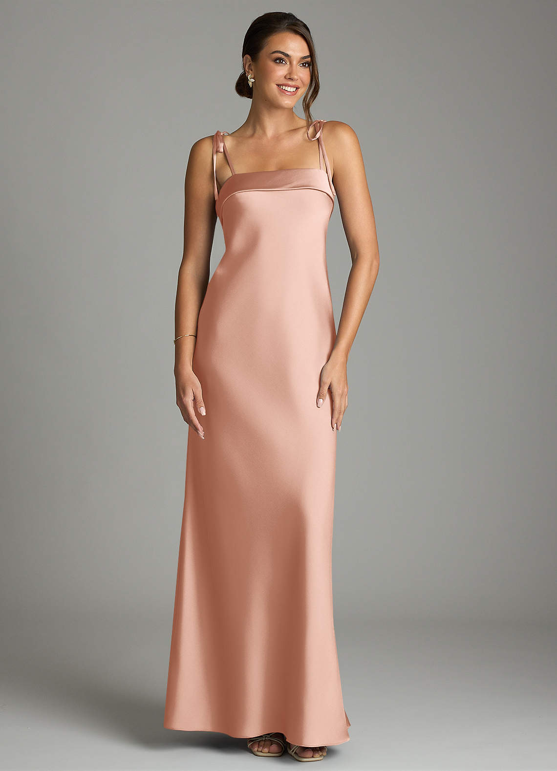 Ellia Sheath Straight-Neck Stretch Satin Bridesmaid Dress in rose gold
