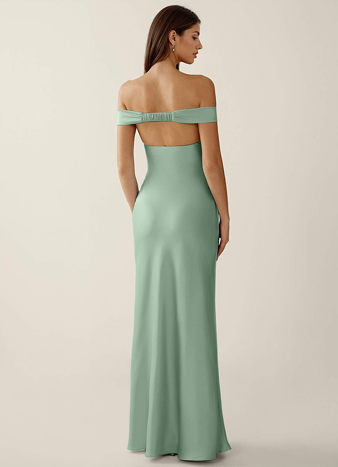 Gwendonme Sheath Off-the-Shoulder Satin Crystal Linen Evening Dress in Agave Green