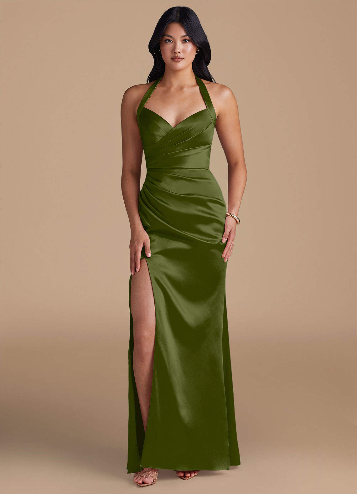 Emeria Sheath Halter Metallic Satin Bridesmaid Dress in Olive
