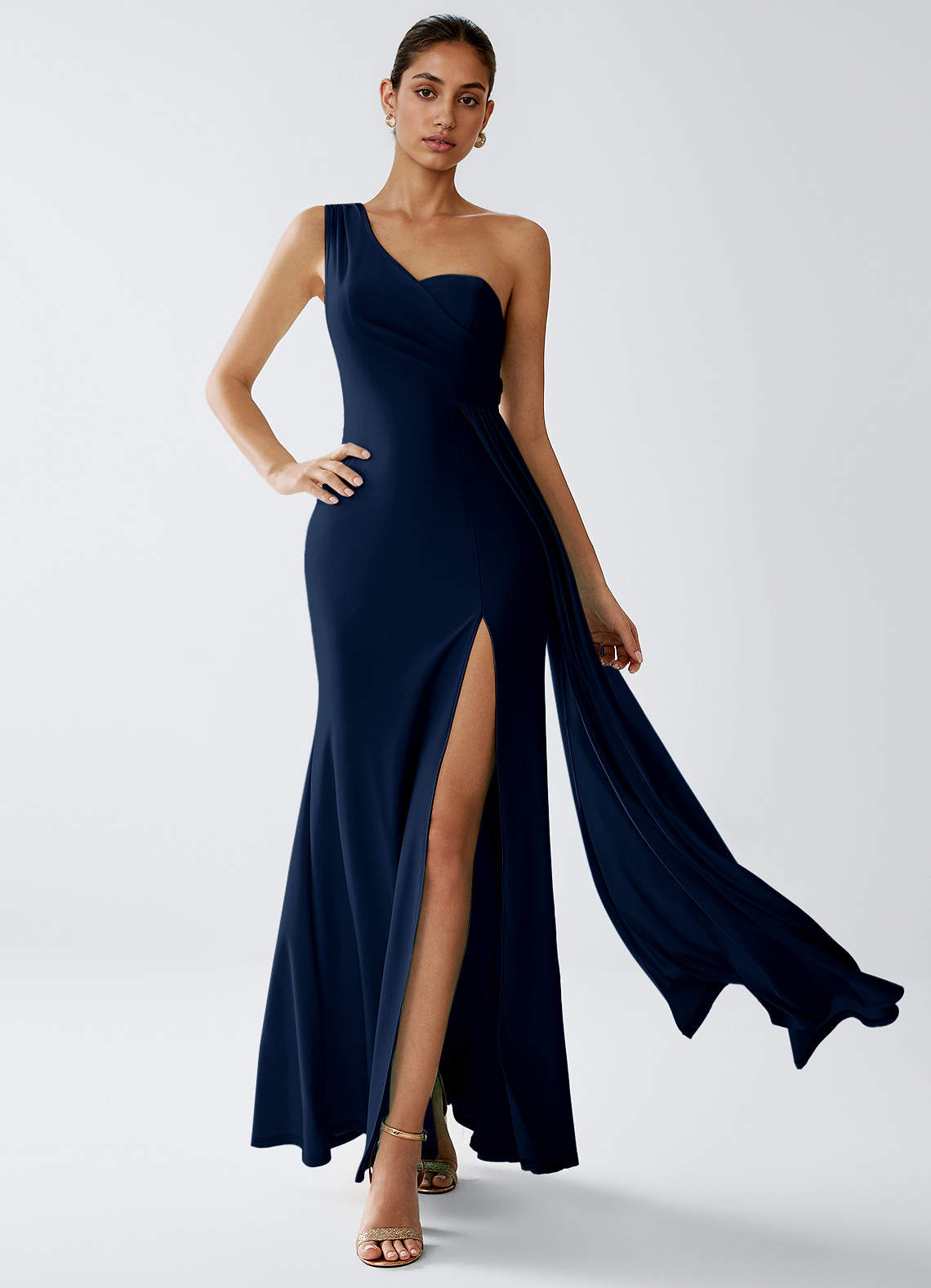 Celira Sheath One-Shoulder Glossy Knit Evening Dress in Black